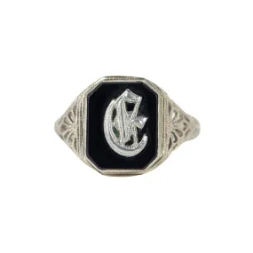 14K White Gold Vintage Filigree Black Onyx Initial G Ring V1089