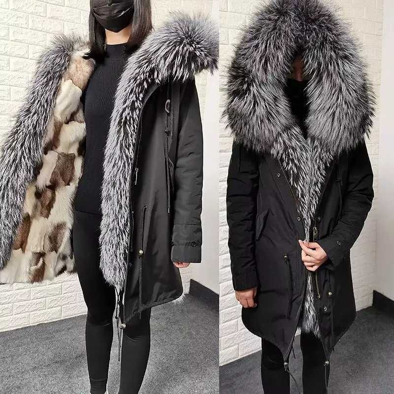 Ashore Shop Natural Real Fox Fur Inner Fur Jacket Winter Women Parka Big Luxury Fox Raccoon Fur Collar Coat Warm Female Clothing