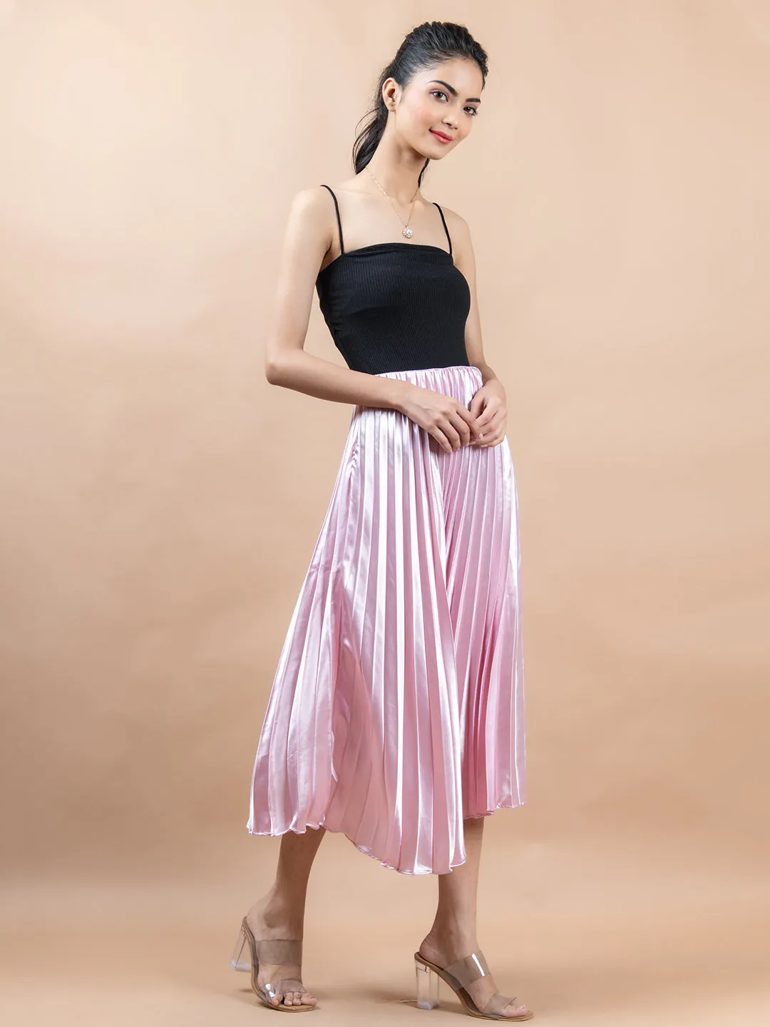 Baby Pink Flared Skirt with Accordion Pleats For Women