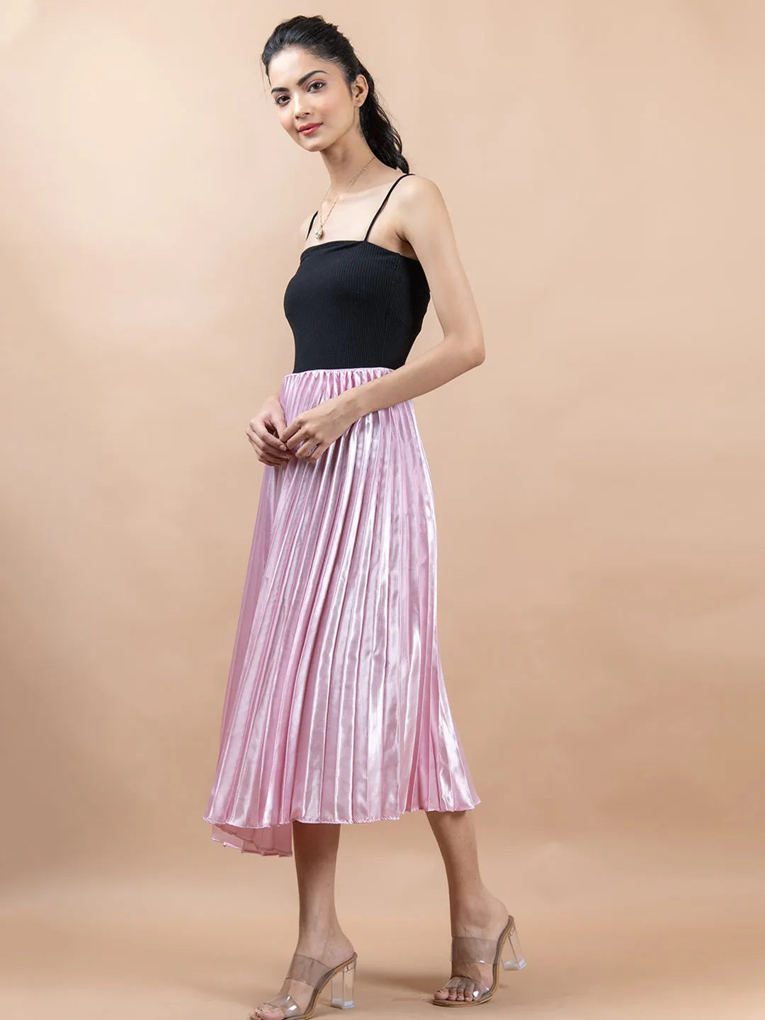 Baby Pink Flared Skirt with Accordion Pleats For Women