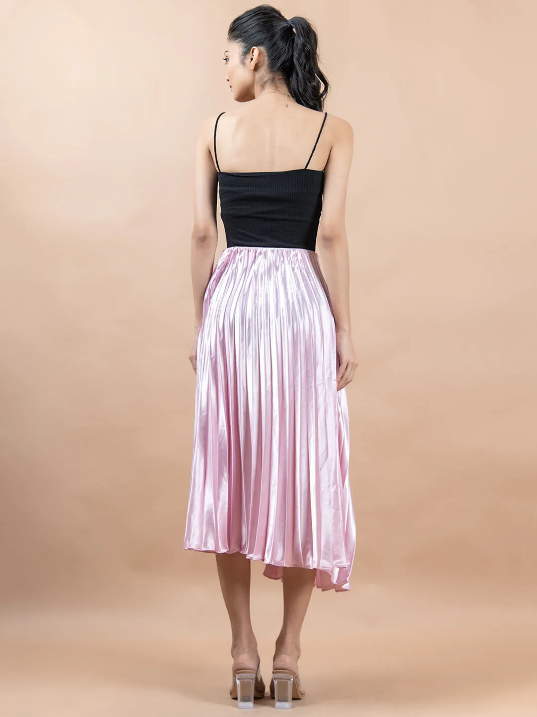 Baby Pink Flared Skirt with Accordion Pleats For Women