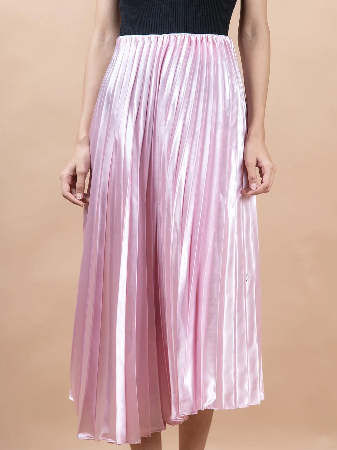 Baby Pink Flared Skirt with Accordion Pleats For Women