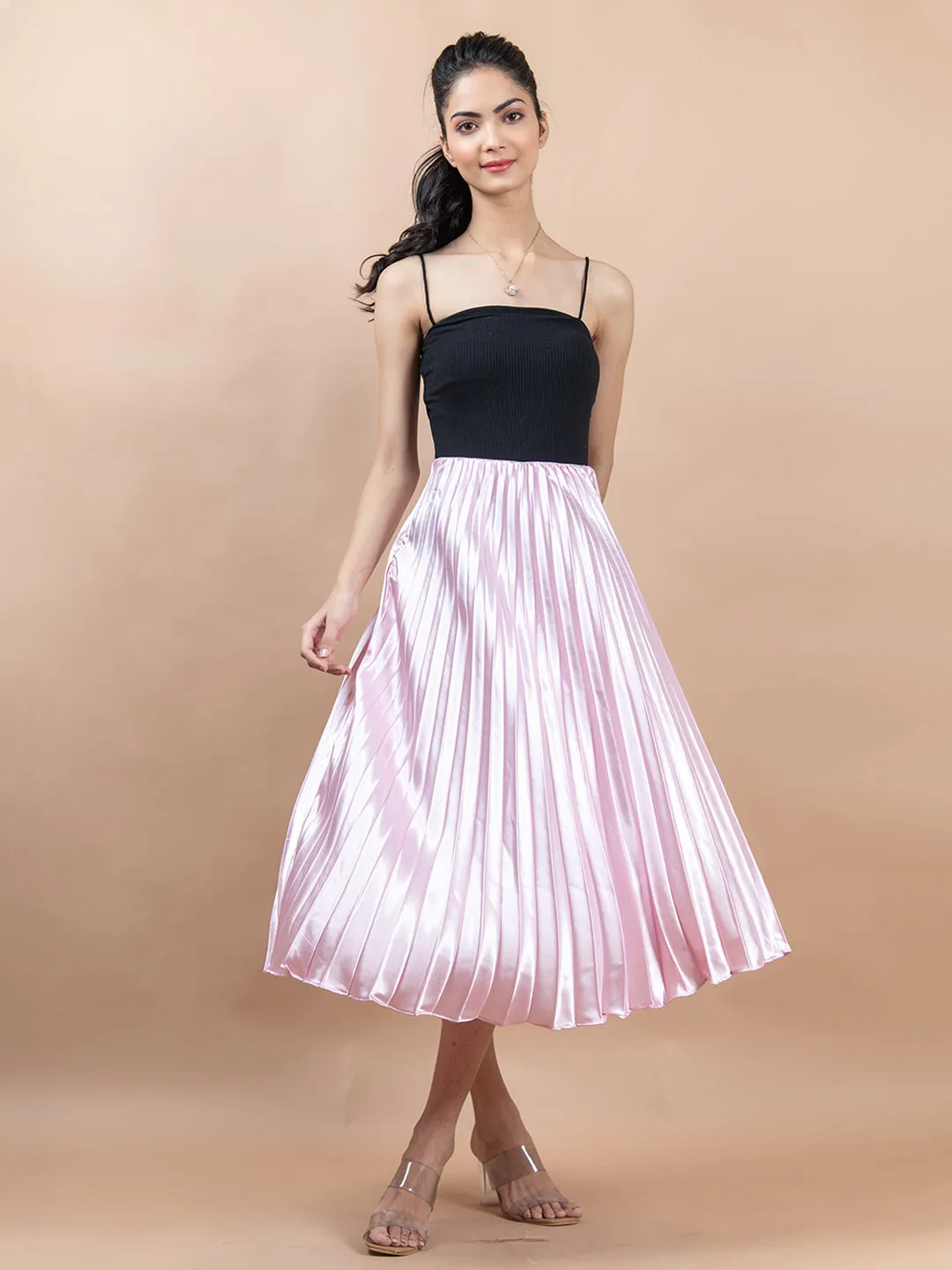 Baby Pink Flared Skirt with Accordion Pleats For Women