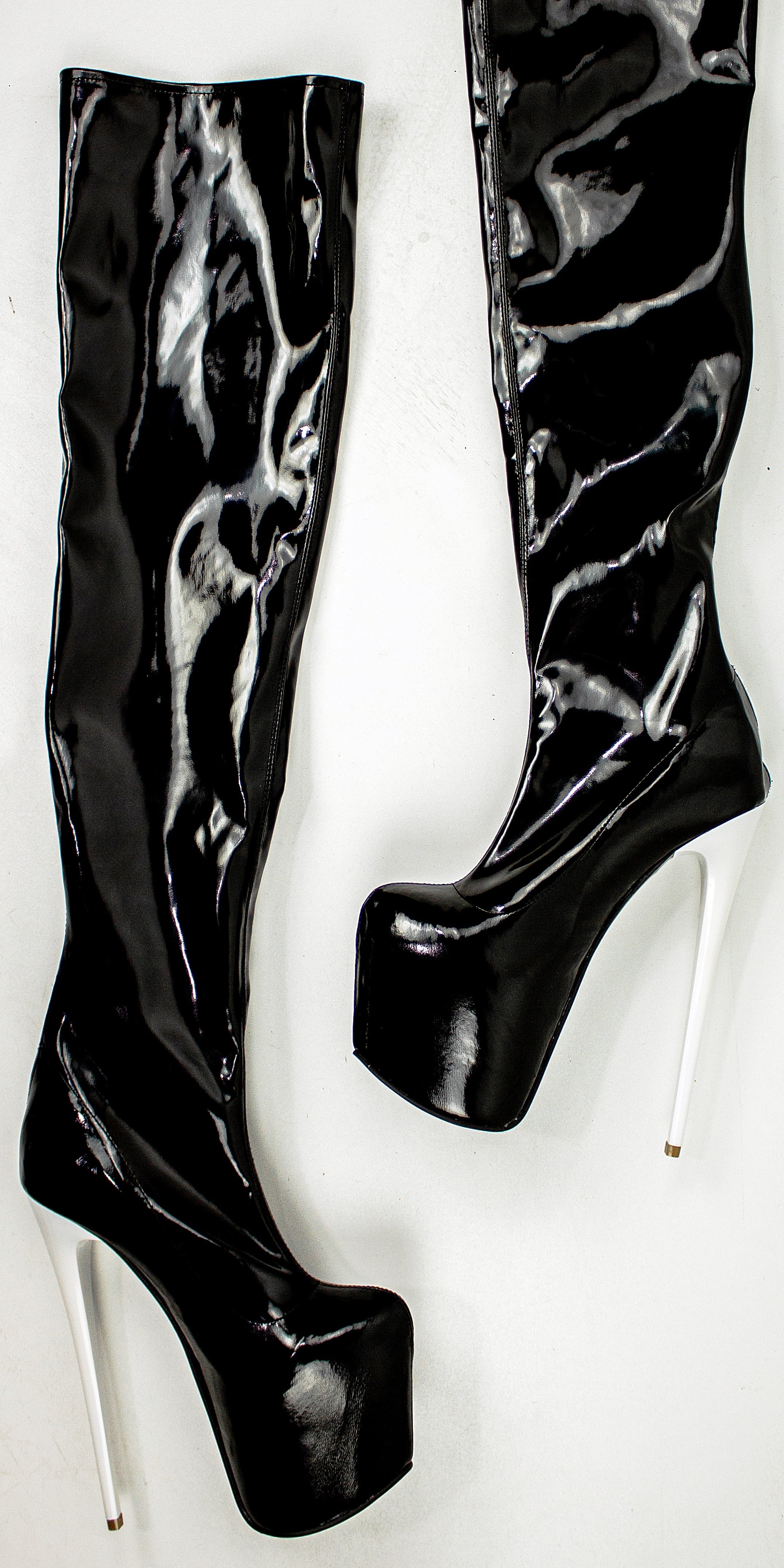 Black Gloss White Back Zipper High Heel Thigh High Boots