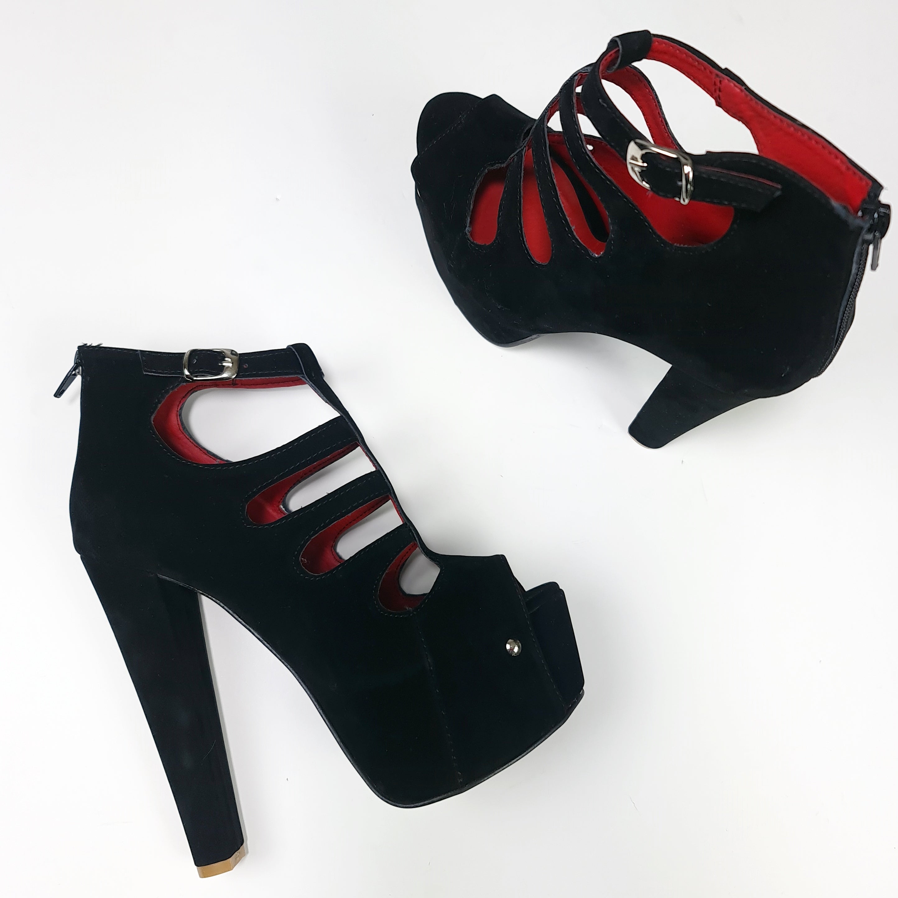 Black Suede Chunky Heel Cage Platform