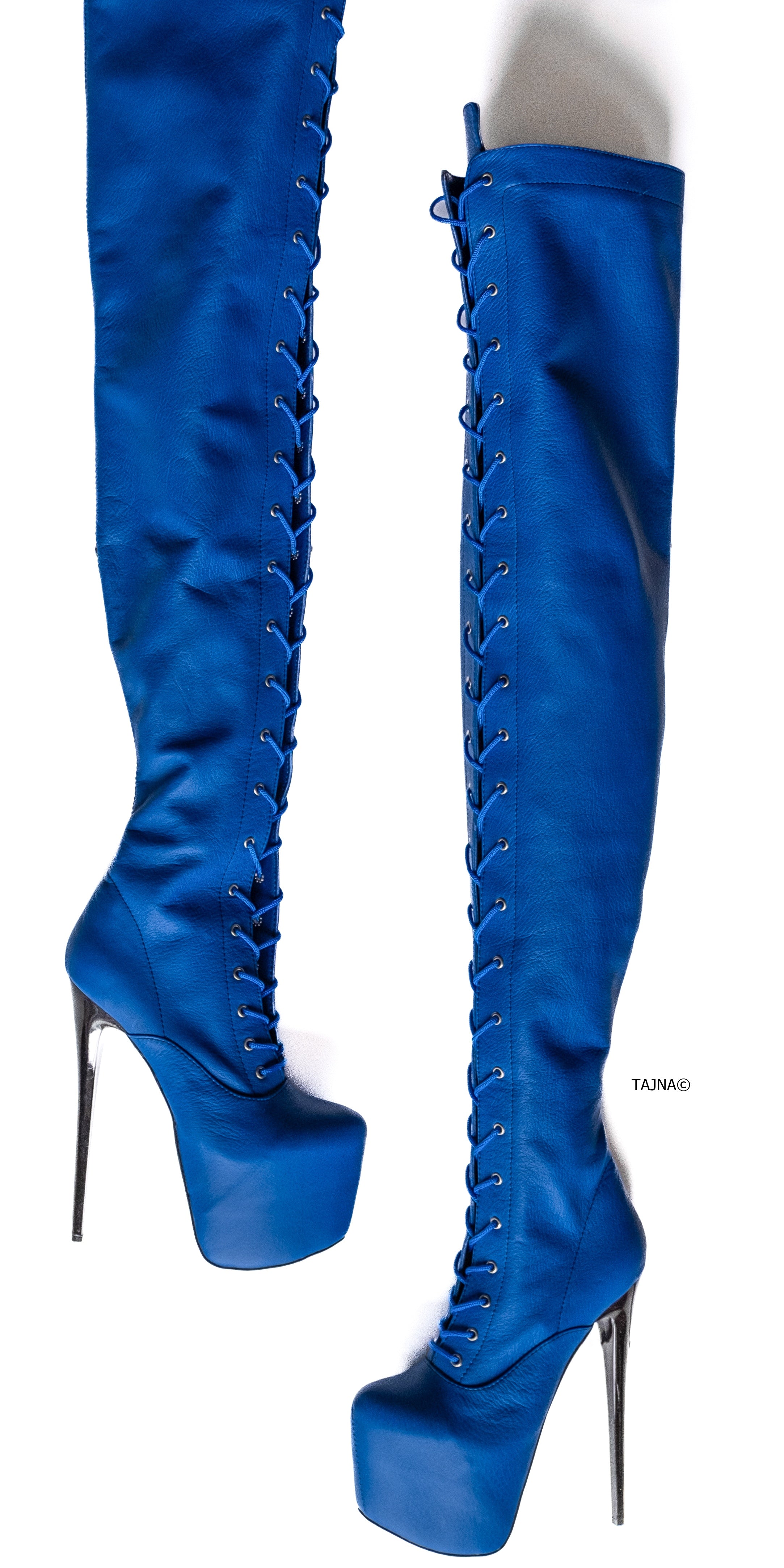 Blue Genuine Leather Long Lace Up Thigh High Boots