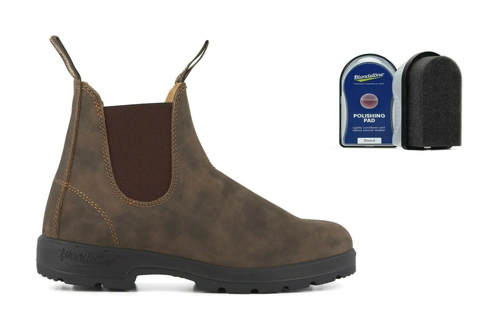 Blundstone #585 Rustic Brown Chelsea Boot with Polishing Pad