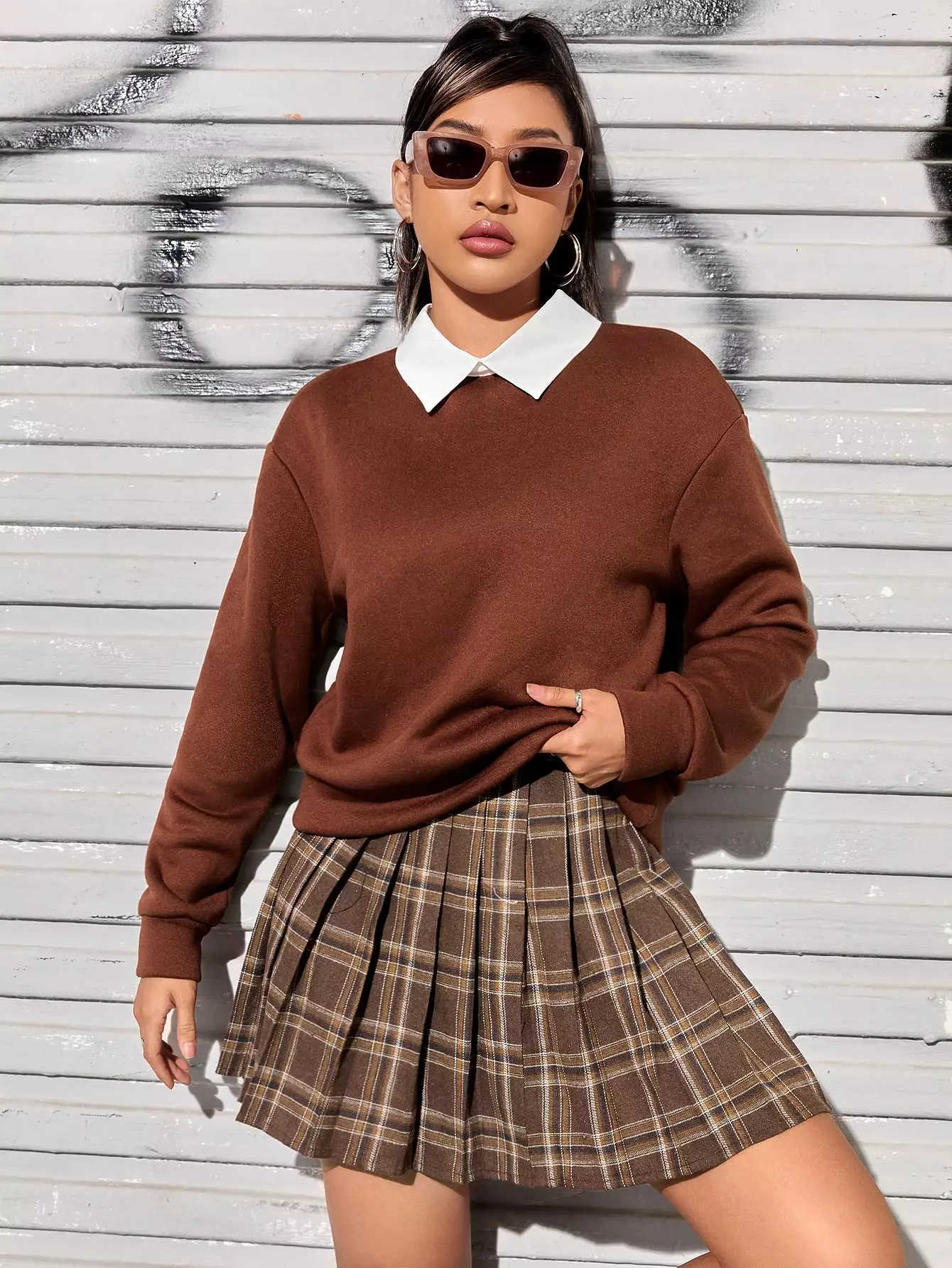 Contrast Collar Drop Shoulder 2 In 1 Pullover Plaid Pleated Skirt