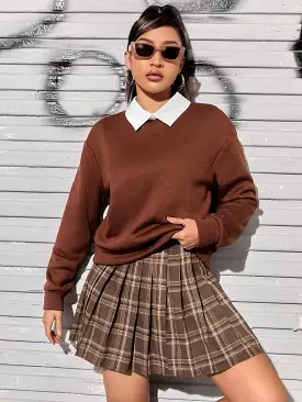 Contrast Collar Drop Shoulder 2 In 1 Pullover Plaid Pleated Skirt