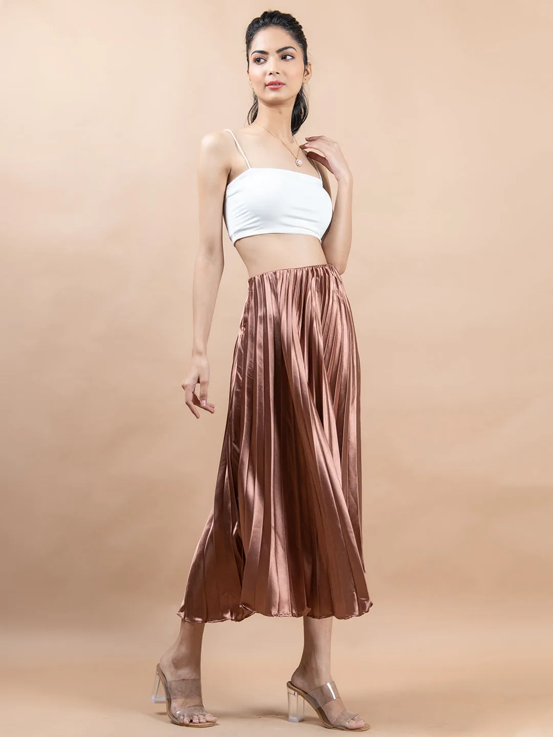 Copper Flared Skirt with Accordion Pleats For Women