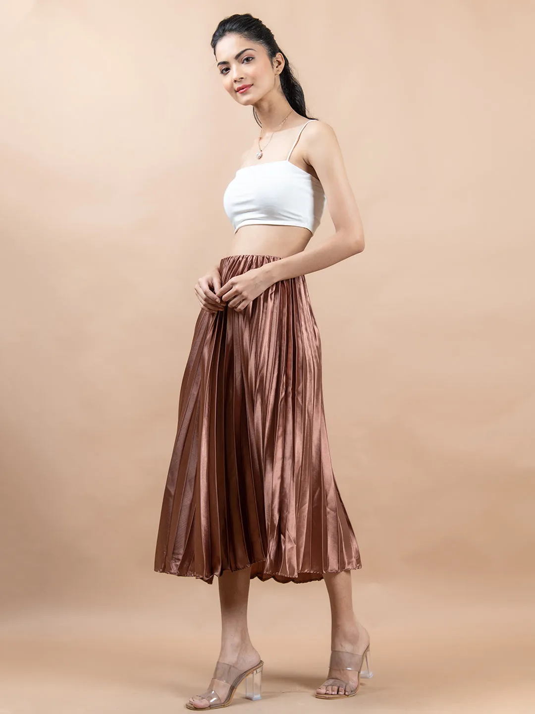 Copper Flared Skirt with Accordion Pleats For Women