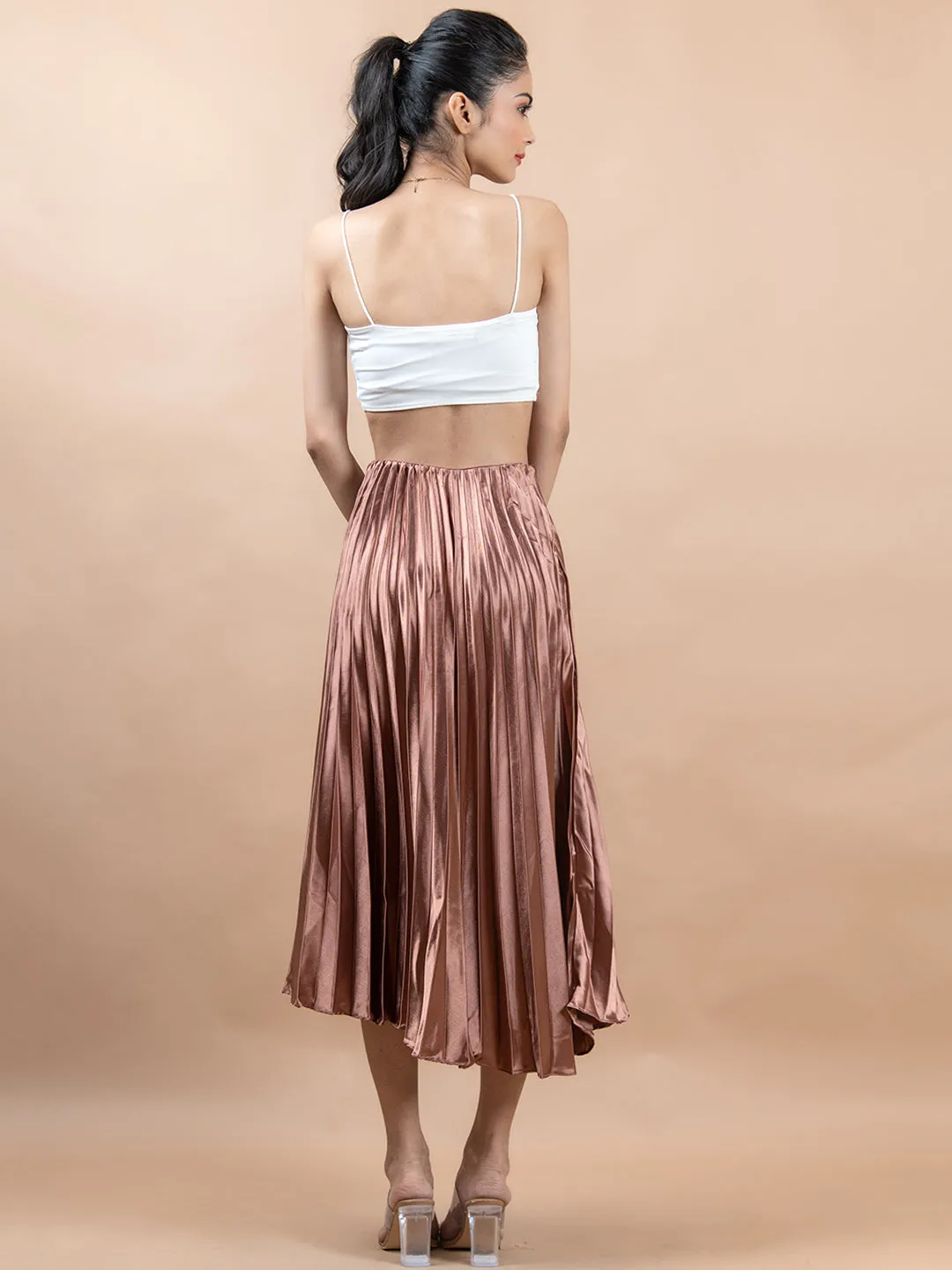 Copper Flared Skirt with Accordion Pleats For Women