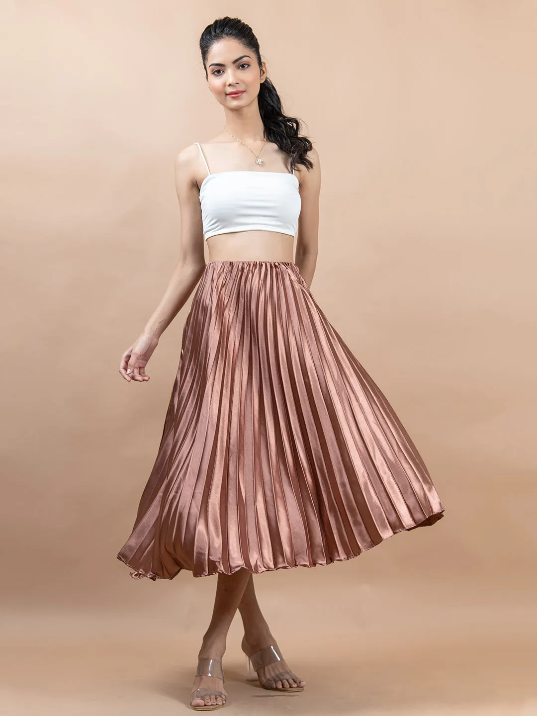 Copper Flared Skirt with Accordion Pleats For Women