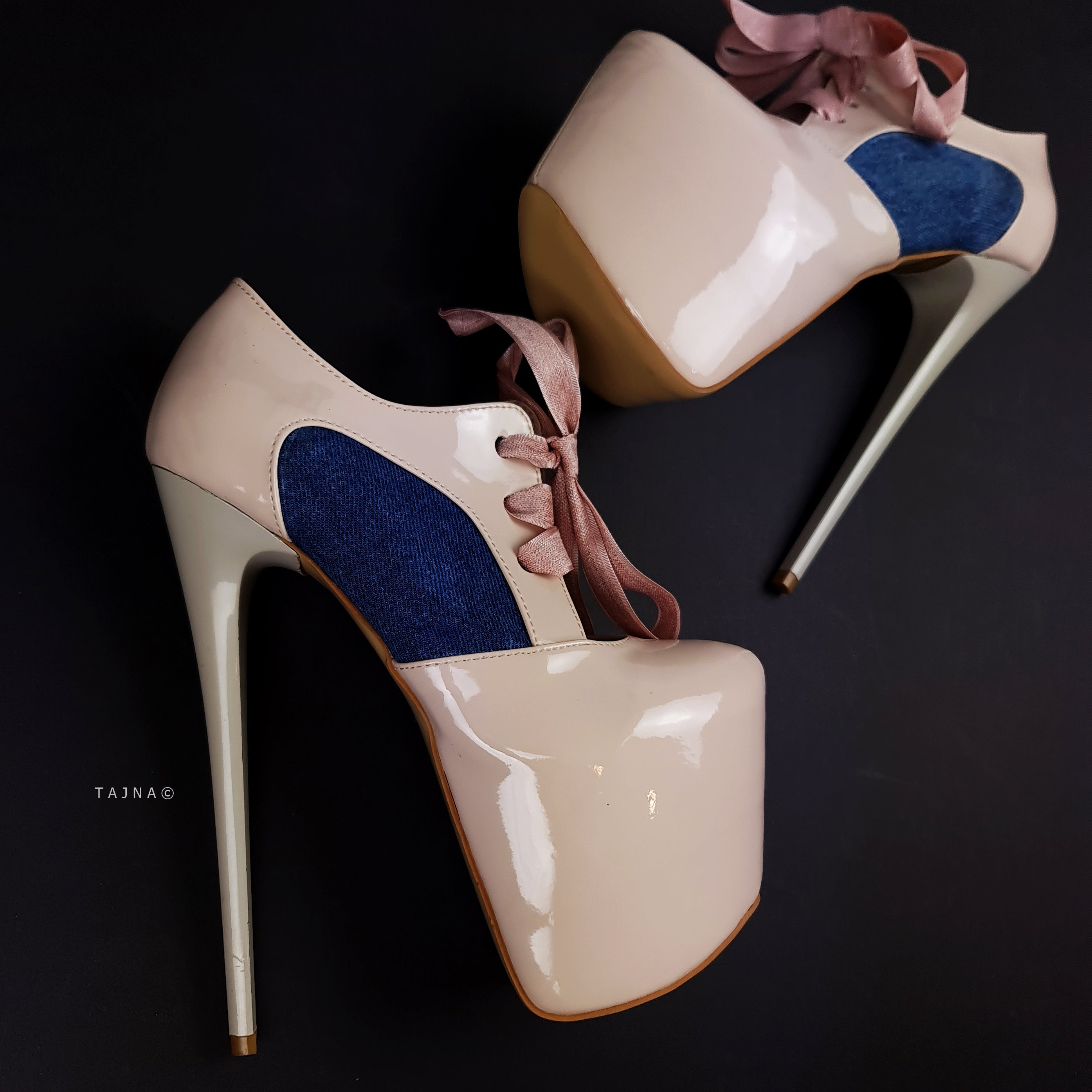 Cream Nude Gloss Jean Detail Ankle Cut Heels