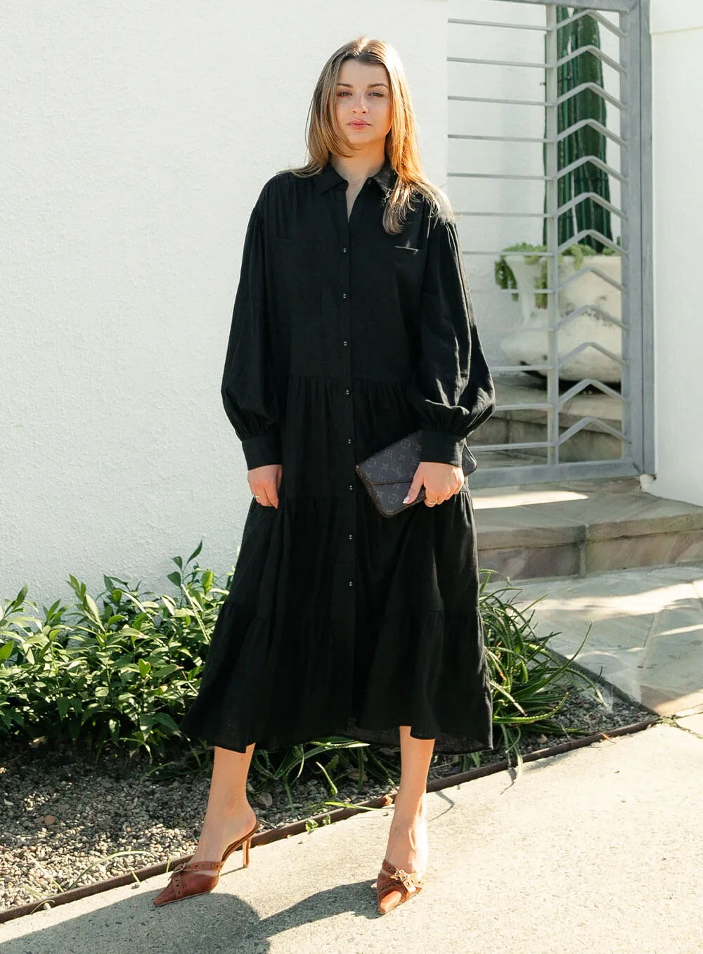 Daisy Linen Midi Dress-Black