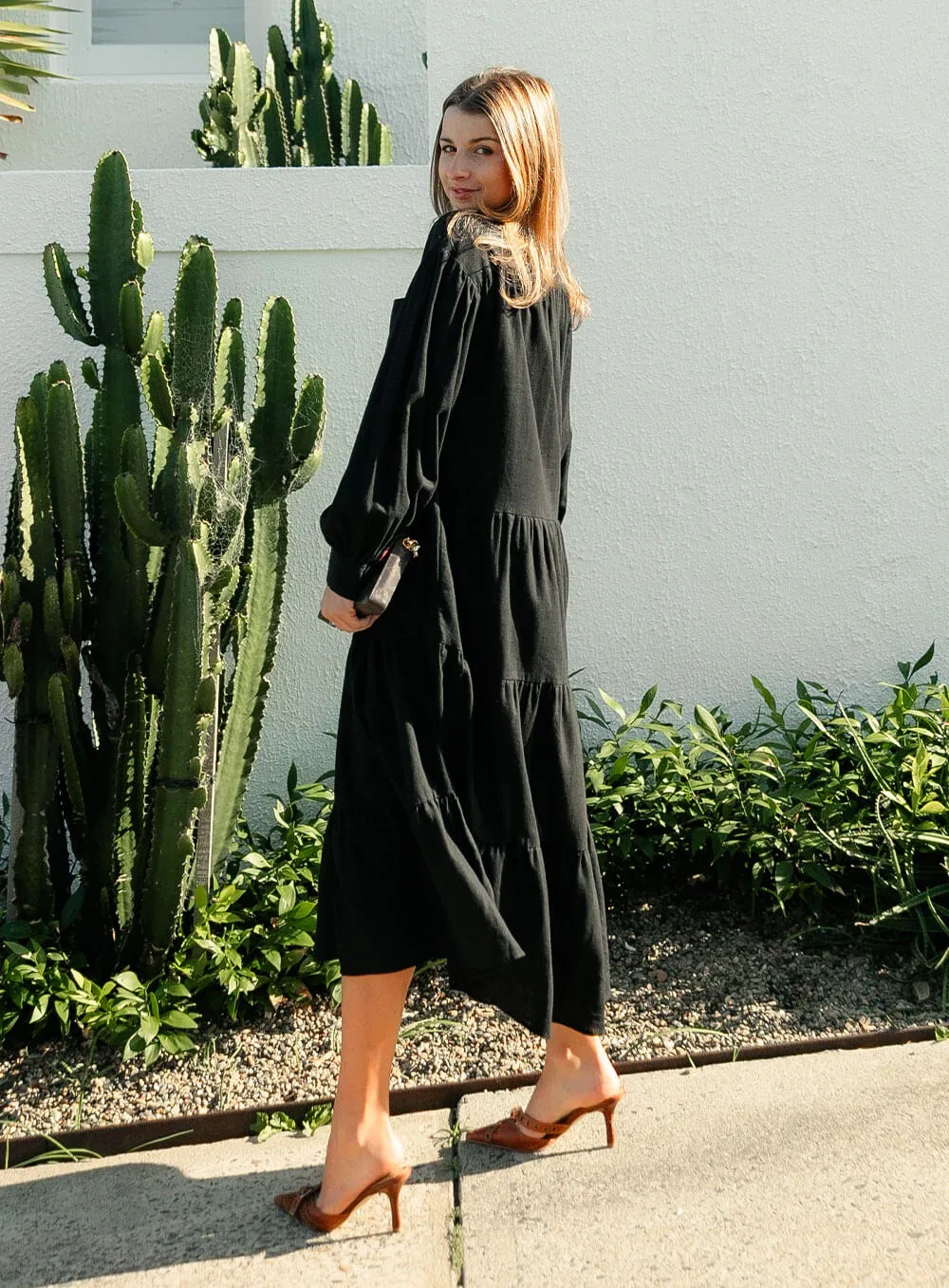 Daisy Linen Midi Dress-Black