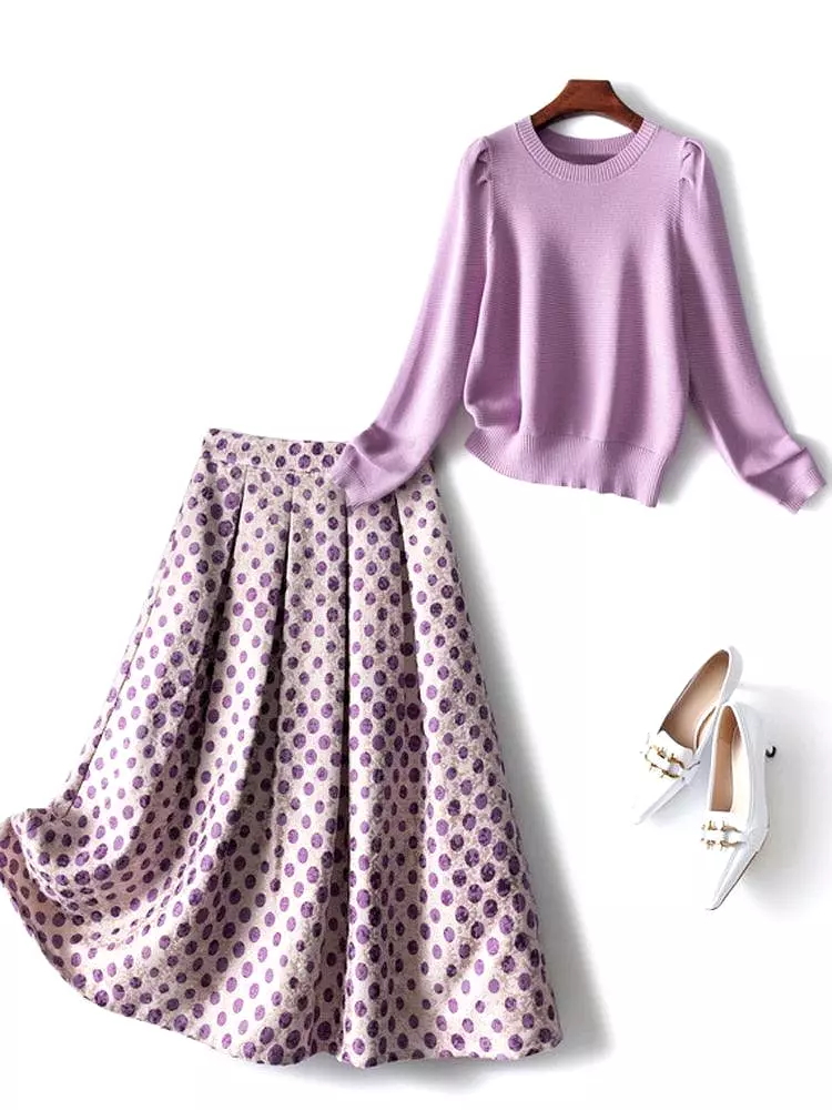 Dotted Pleated Skirt Outfit Set