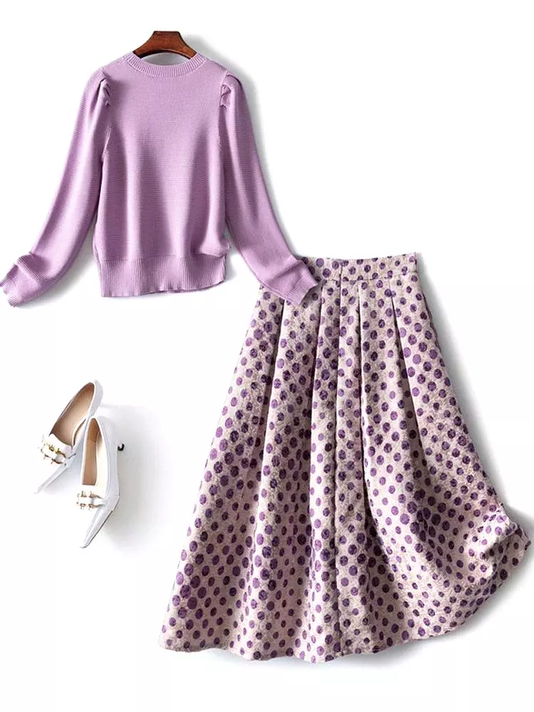 Dotted Pleated Skirt Outfit Set