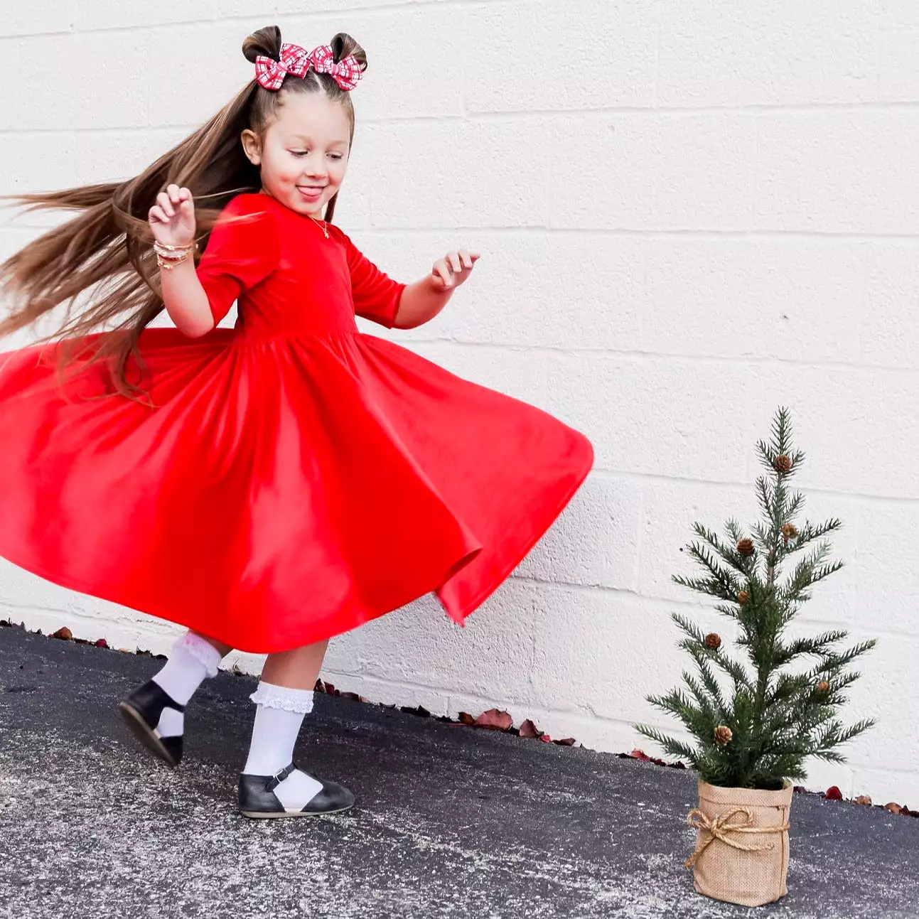 DRESS MID SLEEVE- Ruby Red Stretch Velvet Twirl Dress