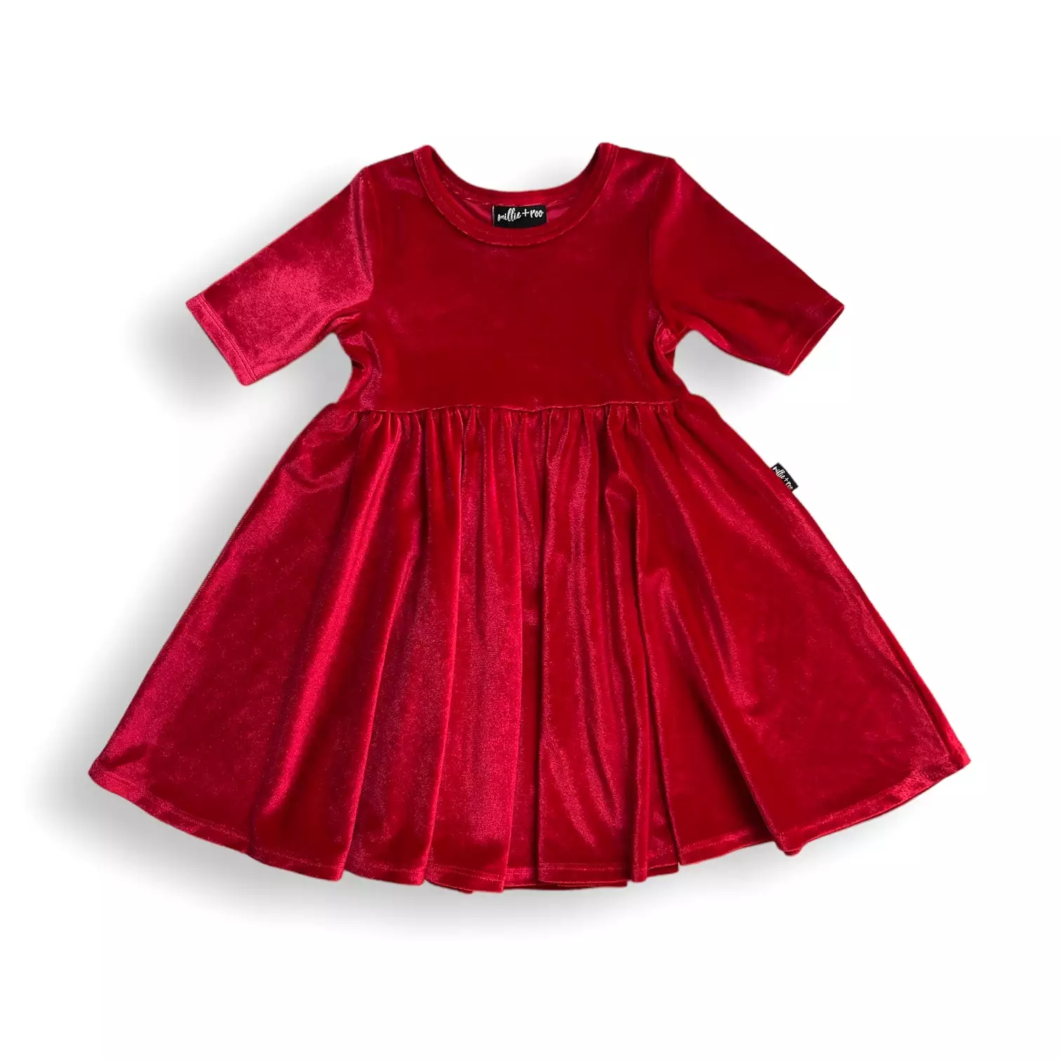 DRESS MID SLEEVE- Ruby Red Stretch Velvet Twirl Dress