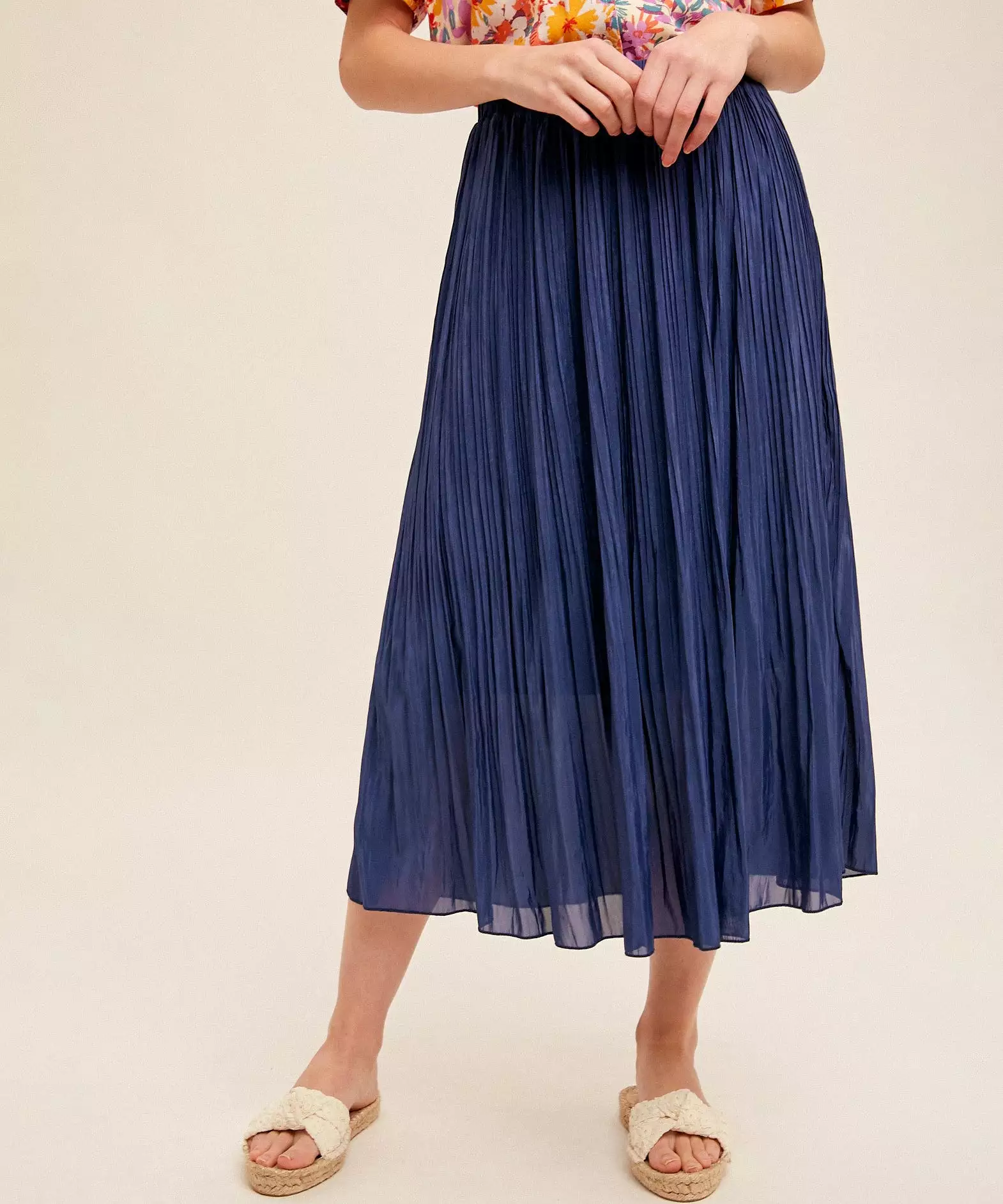 Elastic Waist Pleated Midi Skirt - Midnight Blue