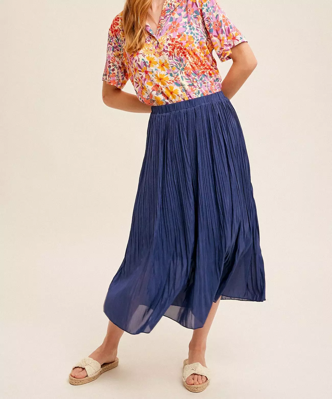 Elastic Waist Pleated Midi Skirt - Midnight Blue