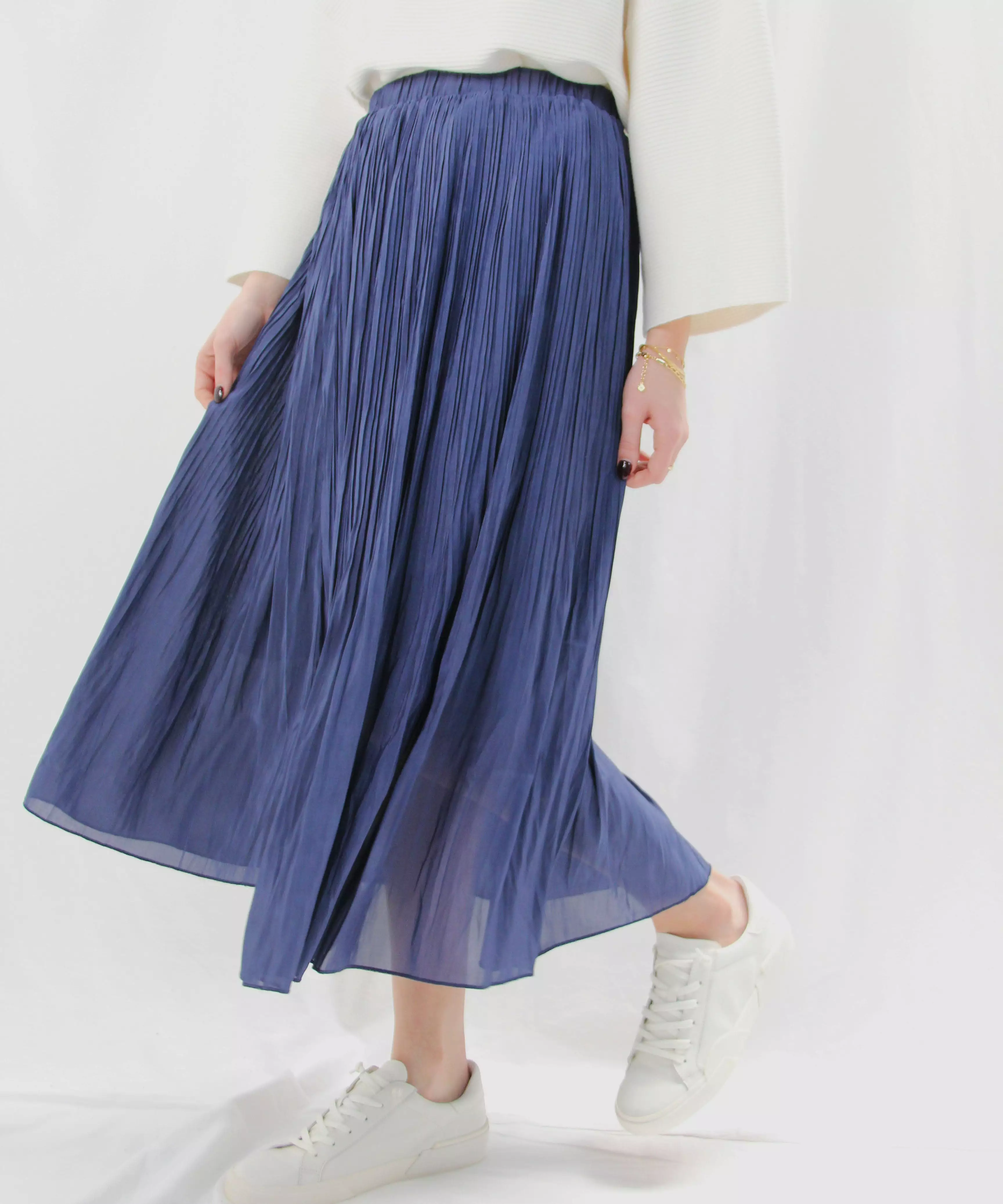 Elastic Waist Pleated Midi Skirt - Midnight Blue