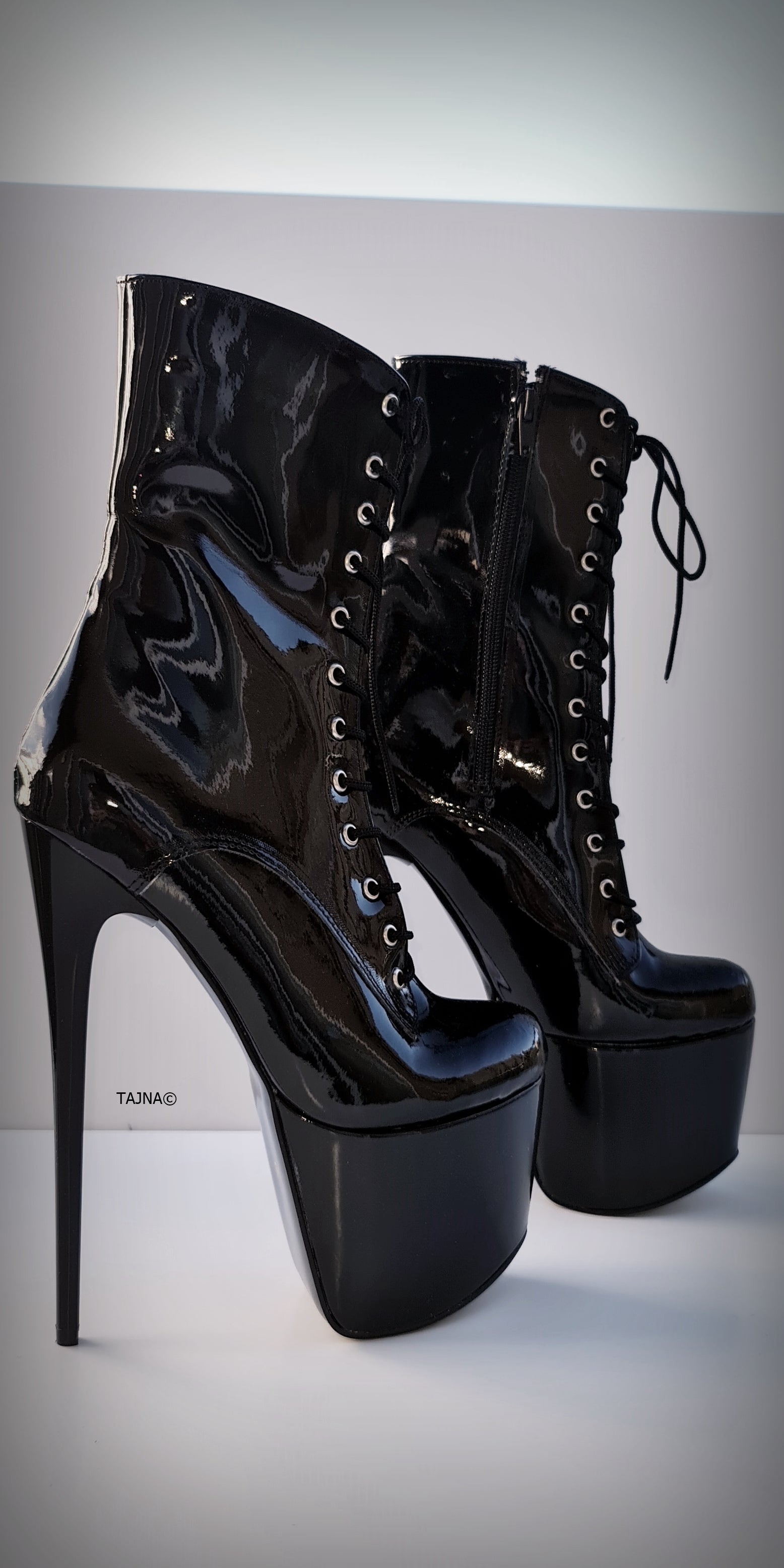 Full Black Gloss Pencil High Hell Lace Up Boots