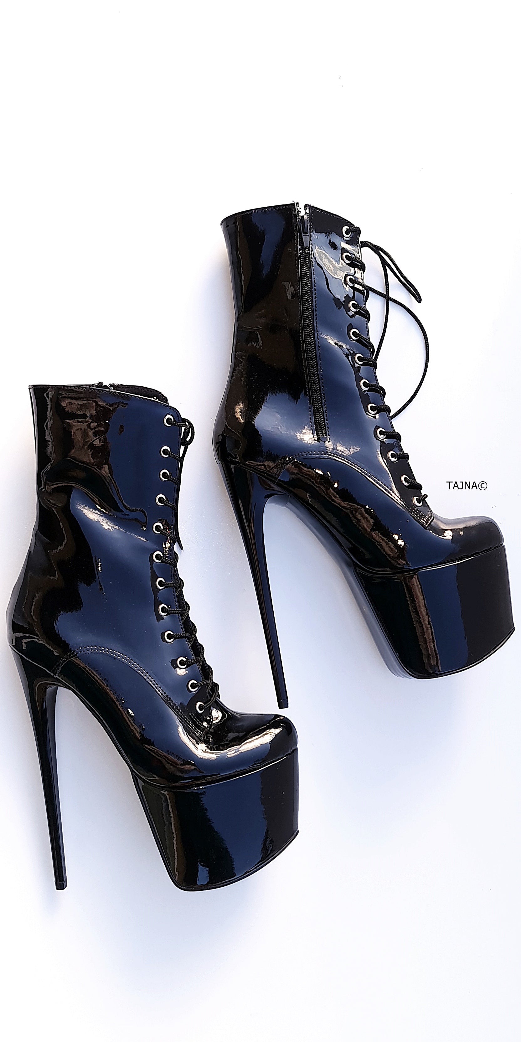 Full Black Gloss Pencil High Hell Lace Up Boots