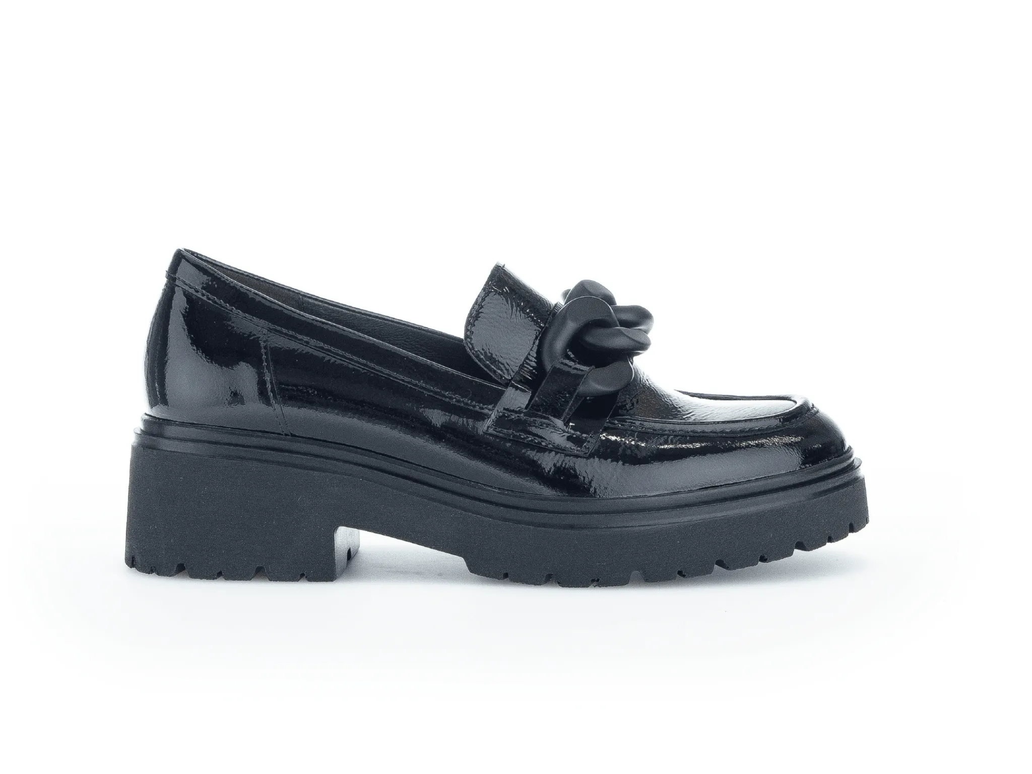 GABOR Black Patent Leather Chunky Loafer with Chain