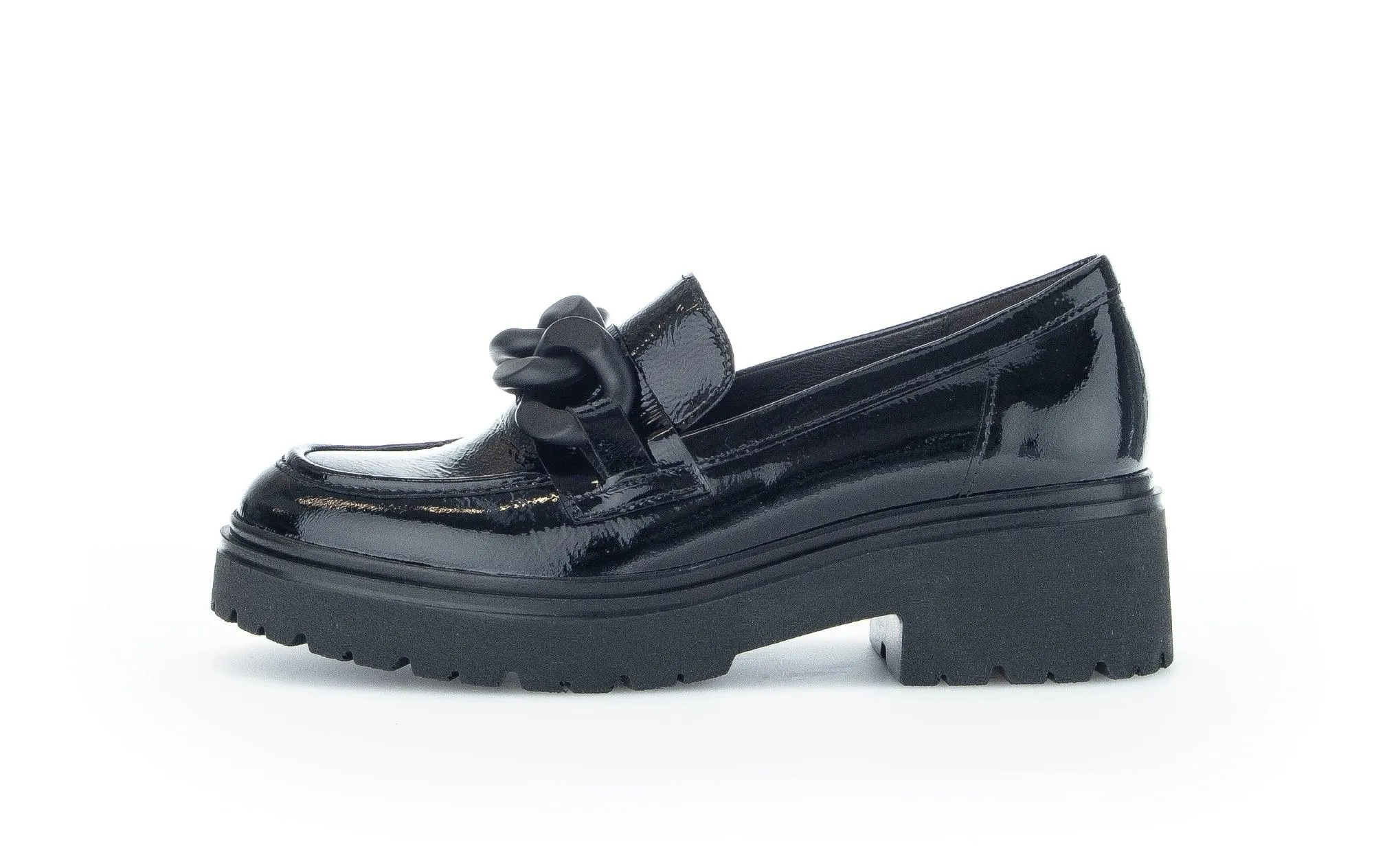 GABOR Black Patent Leather Chunky Loafer with Chain