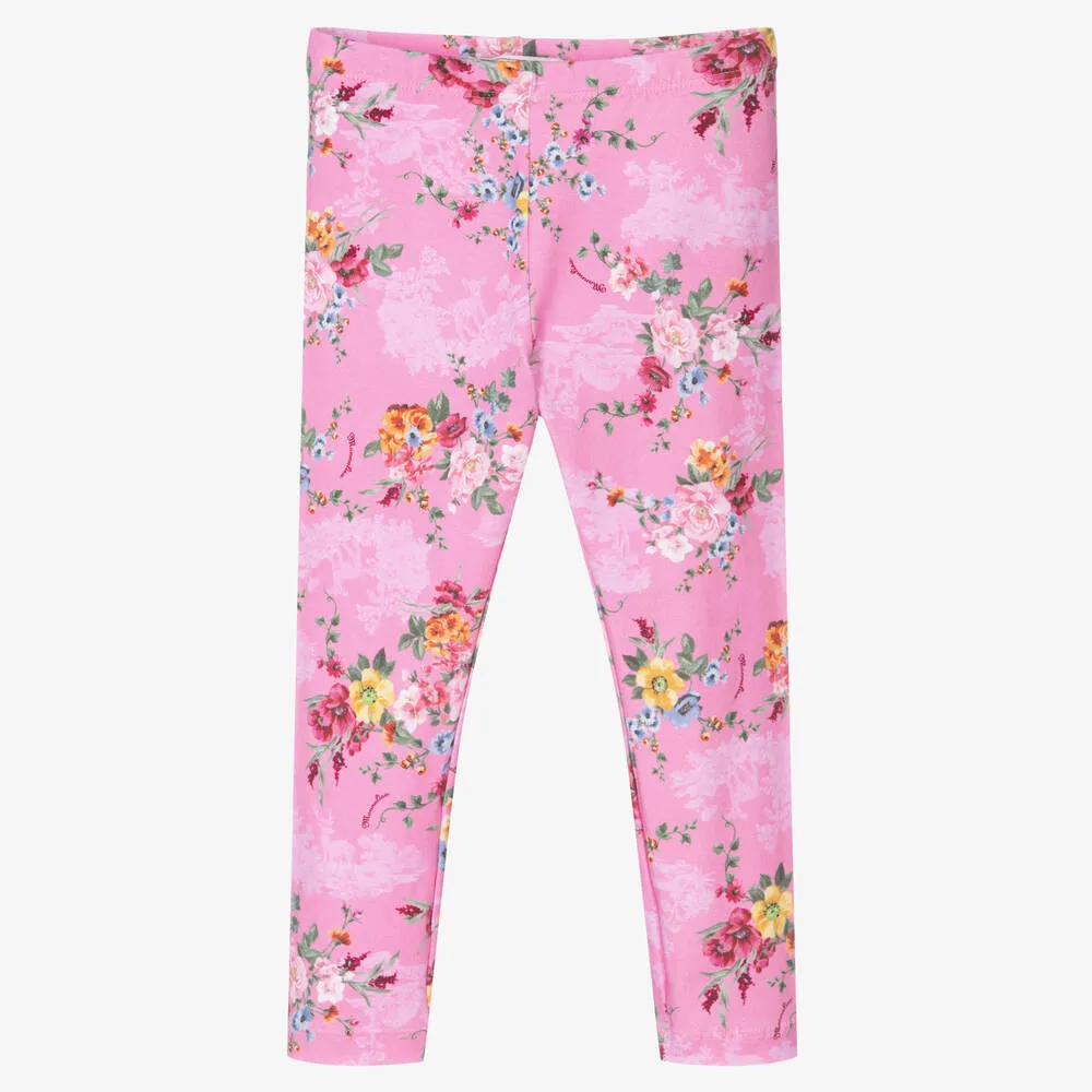 Girls Pink Cotton Floral Leggings