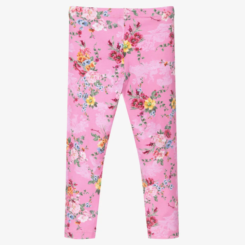 Girls Pink Cotton Floral Leggings