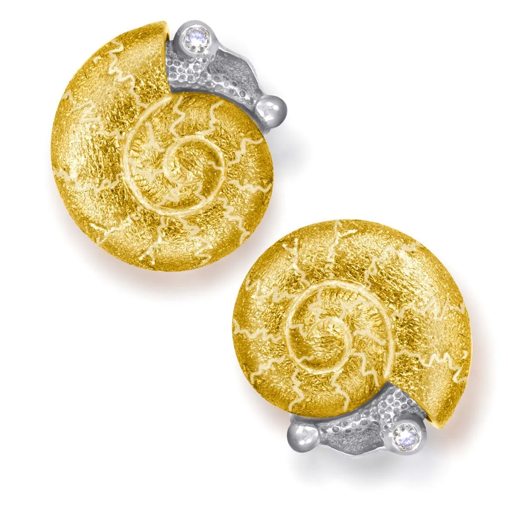 Gold Baby Snail Earrings with White Diamonds