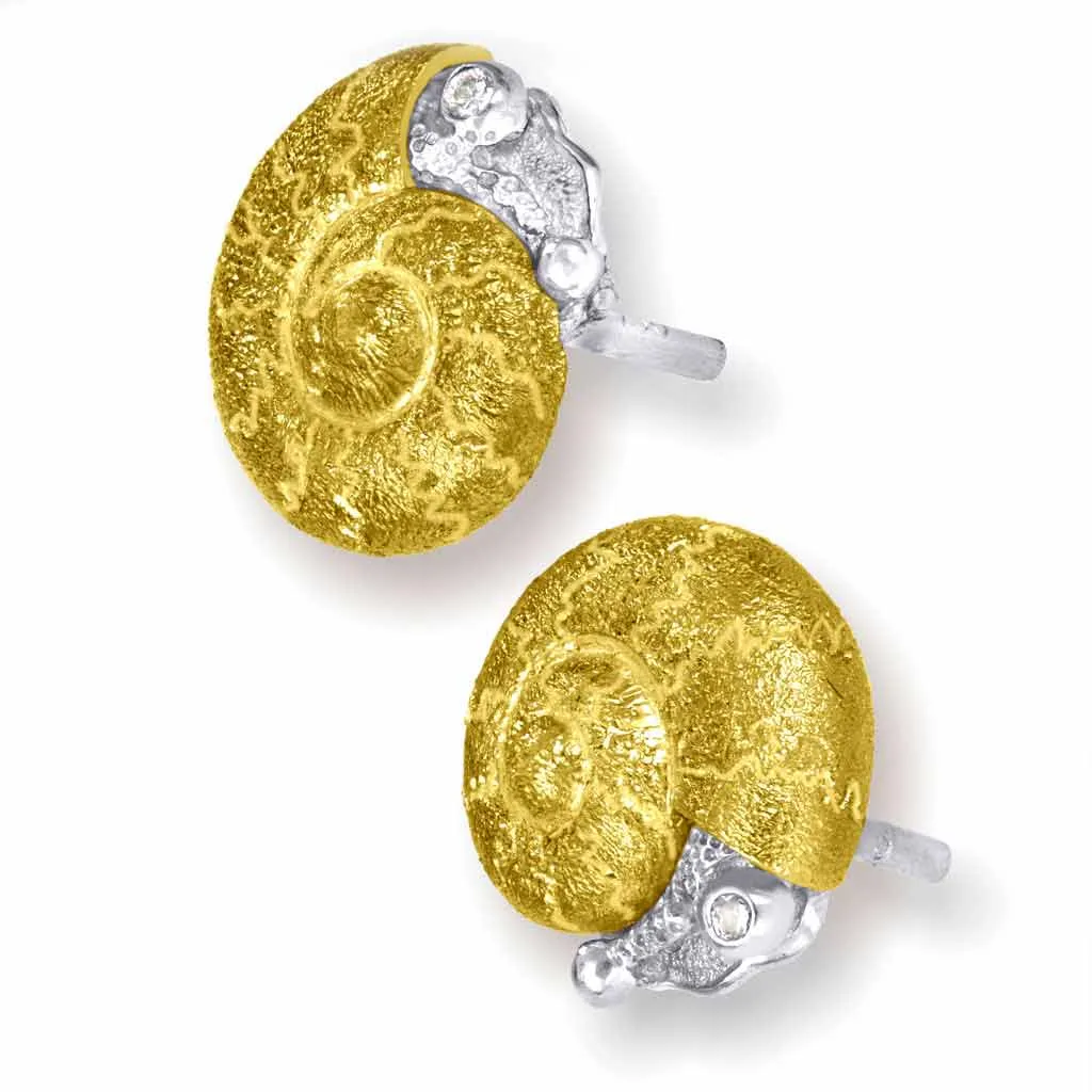 Gold Baby Snail Earrings with White Diamonds