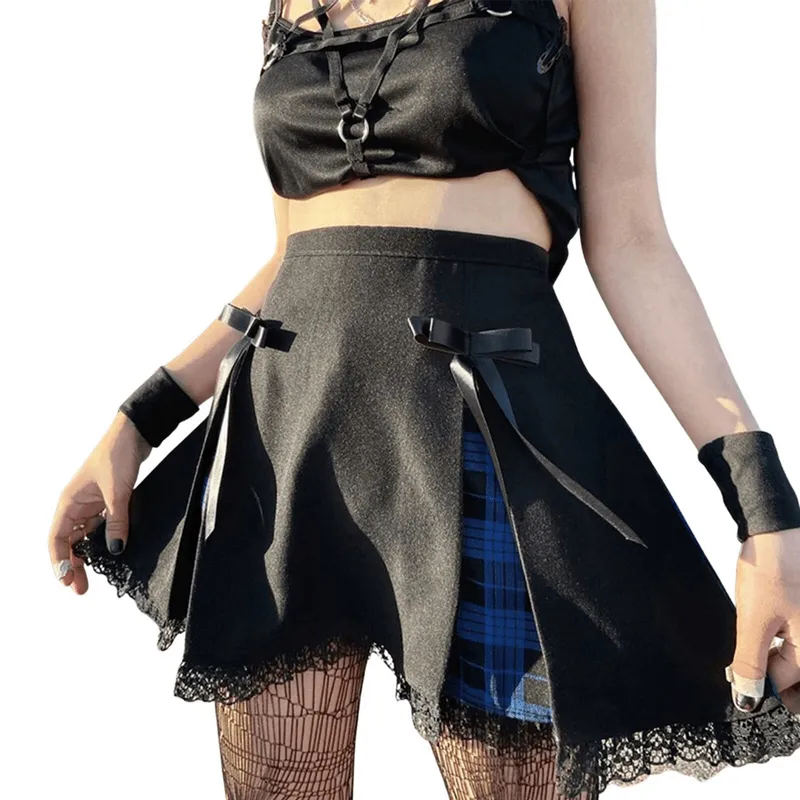 Gothic Lace Trim Mini Skirts / Punk High Waist Plaid Skirts / Female Fashion Clothes