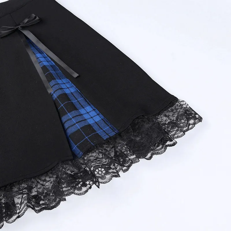 Gothic Lace Trim Mini Skirts / Punk High Waist Plaid Skirts / Female Fashion Clothes