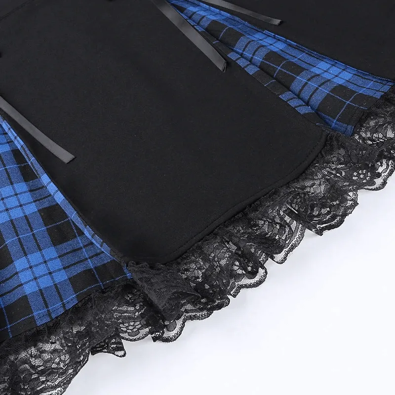 Gothic Lace Trim Mini Skirts / Punk High Waist Plaid Skirts / Female Fashion Clothes