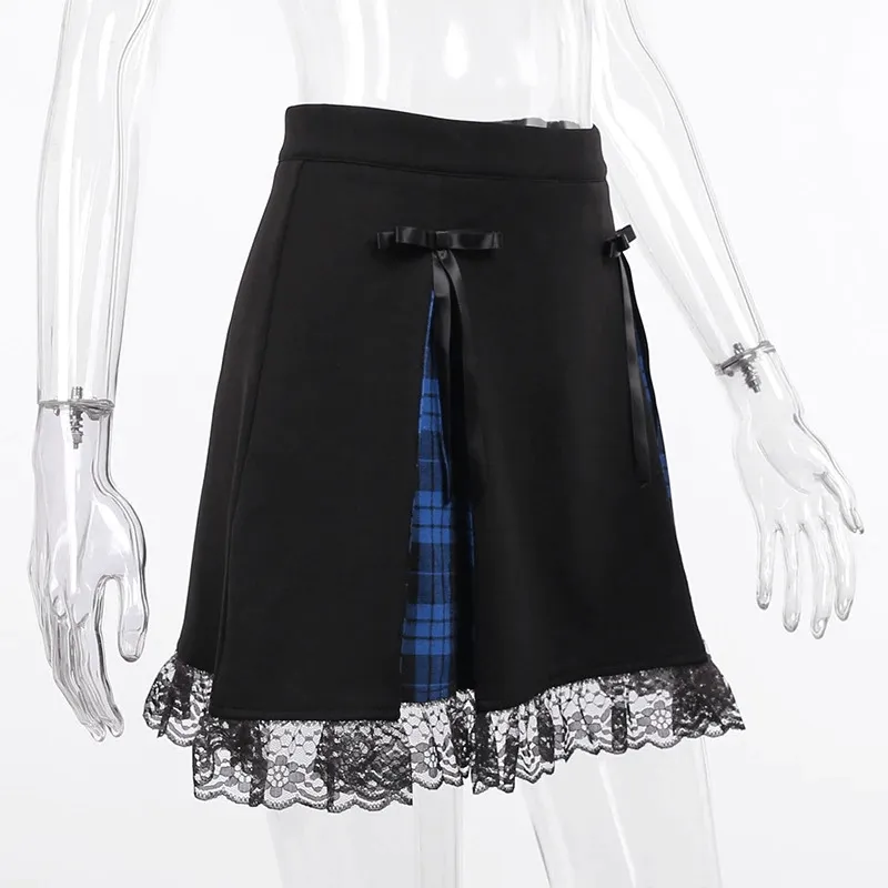 Gothic Lace Trim Mini Skirts / Punk High Waist Plaid Skirts / Female Fashion Clothes