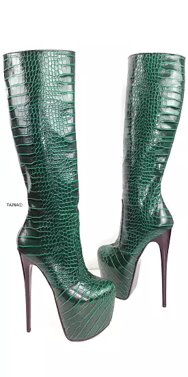 Green Croco Mid Calf High Heel Boots