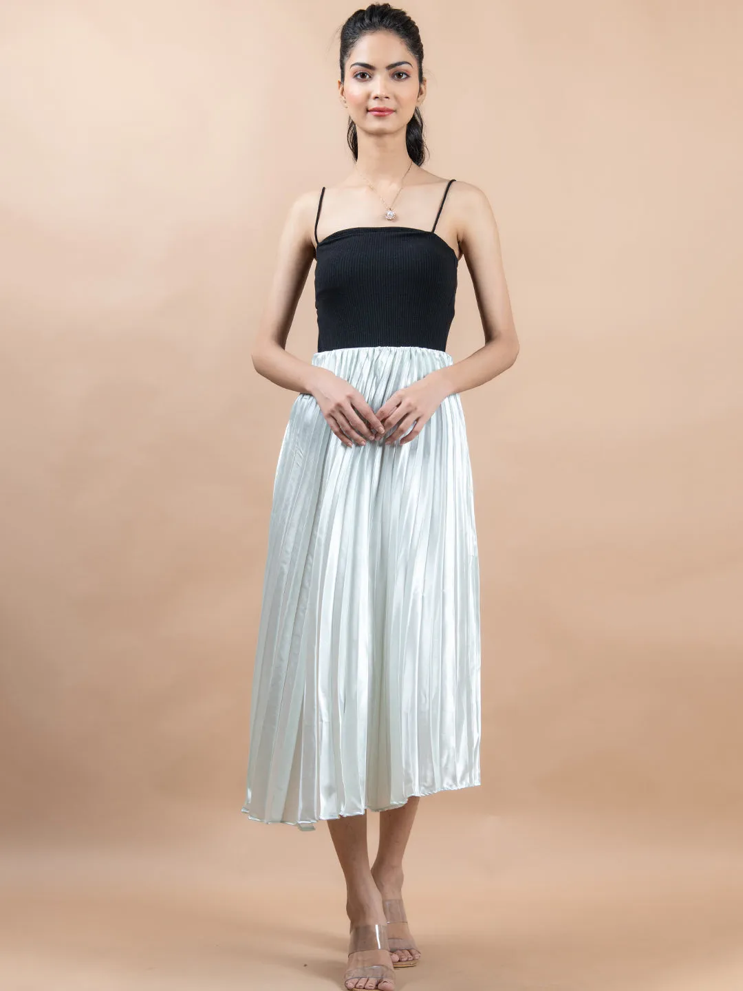 Greenish White Flared Skirt with Accordion Pleats For Women