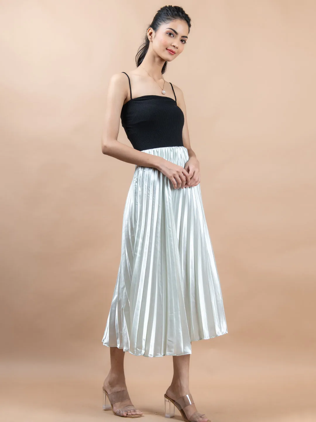 Greenish White Flared Skirt with Accordion Pleats For Women