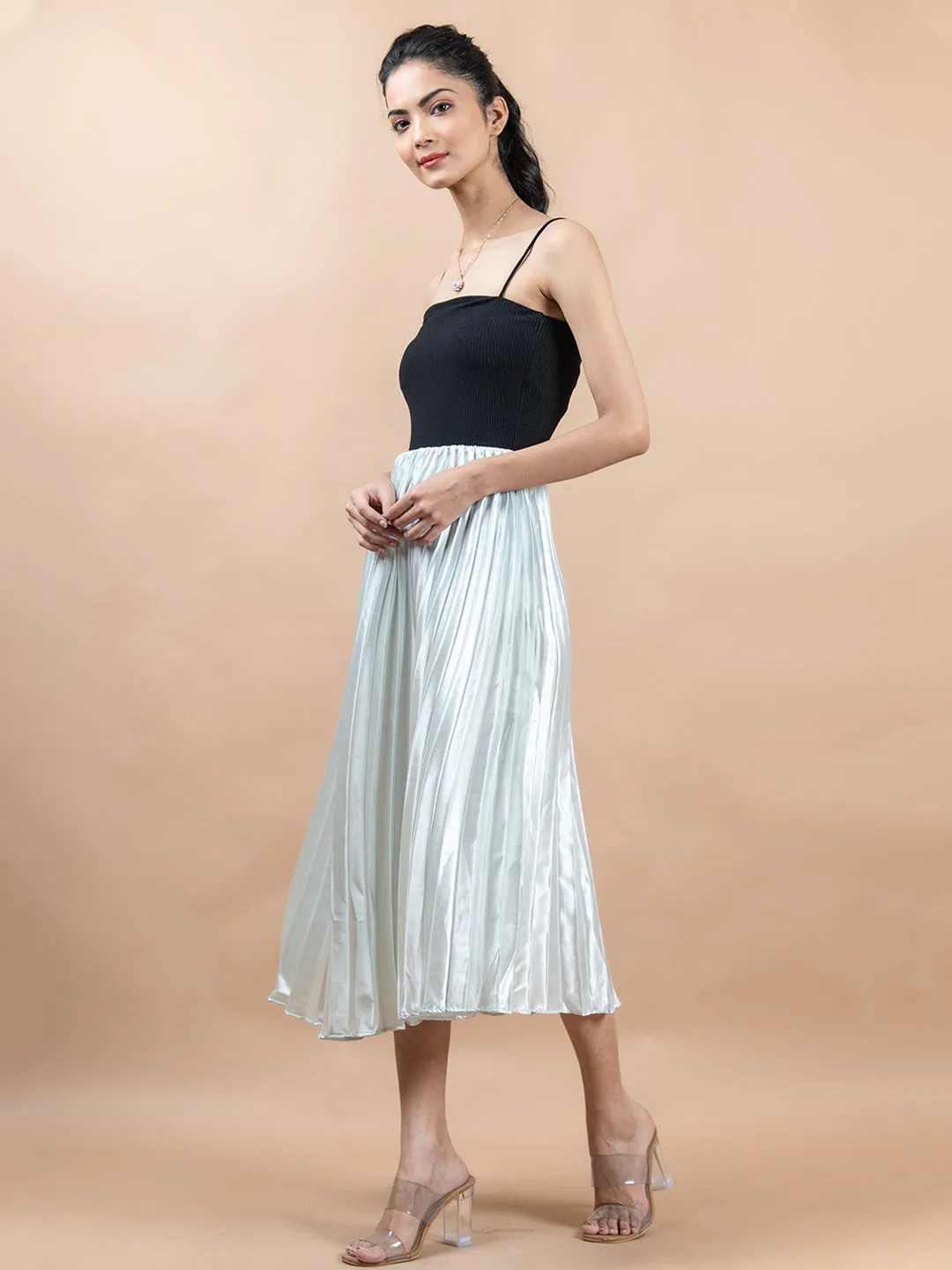 Greenish White Flared Skirt with Accordion Pleats For Women