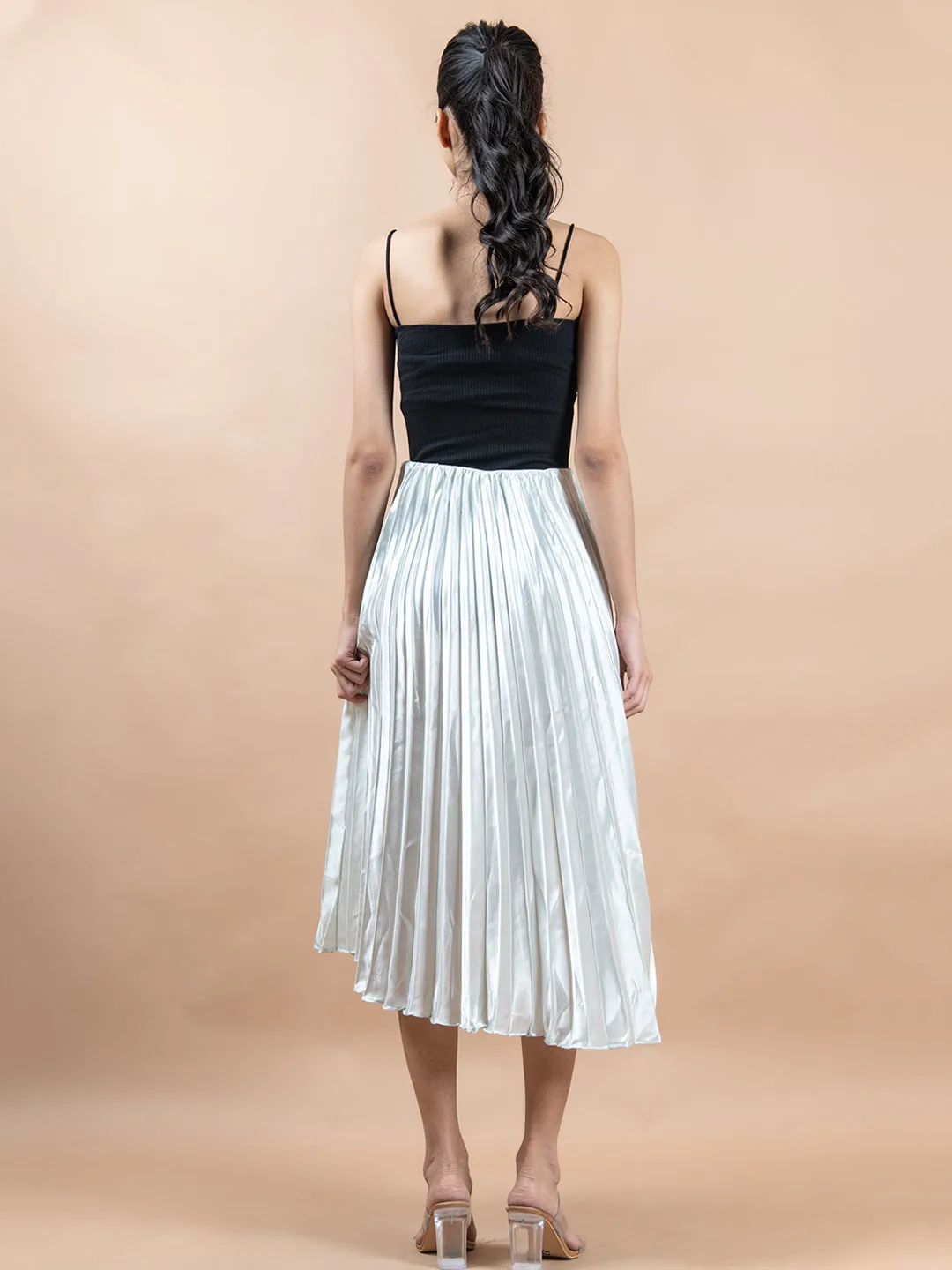 Greenish White Flared Skirt with Accordion Pleats For Women