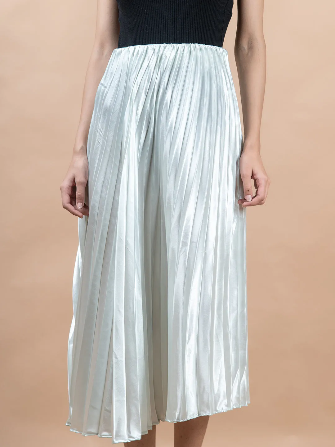 Greenish White Flared Skirt with Accordion Pleats For Women