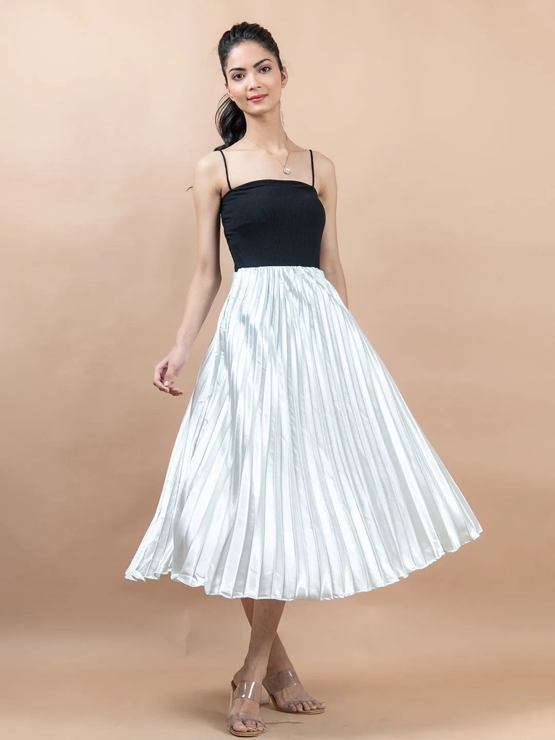 Greenish White Flared Skirt with Accordion Pleats For Women