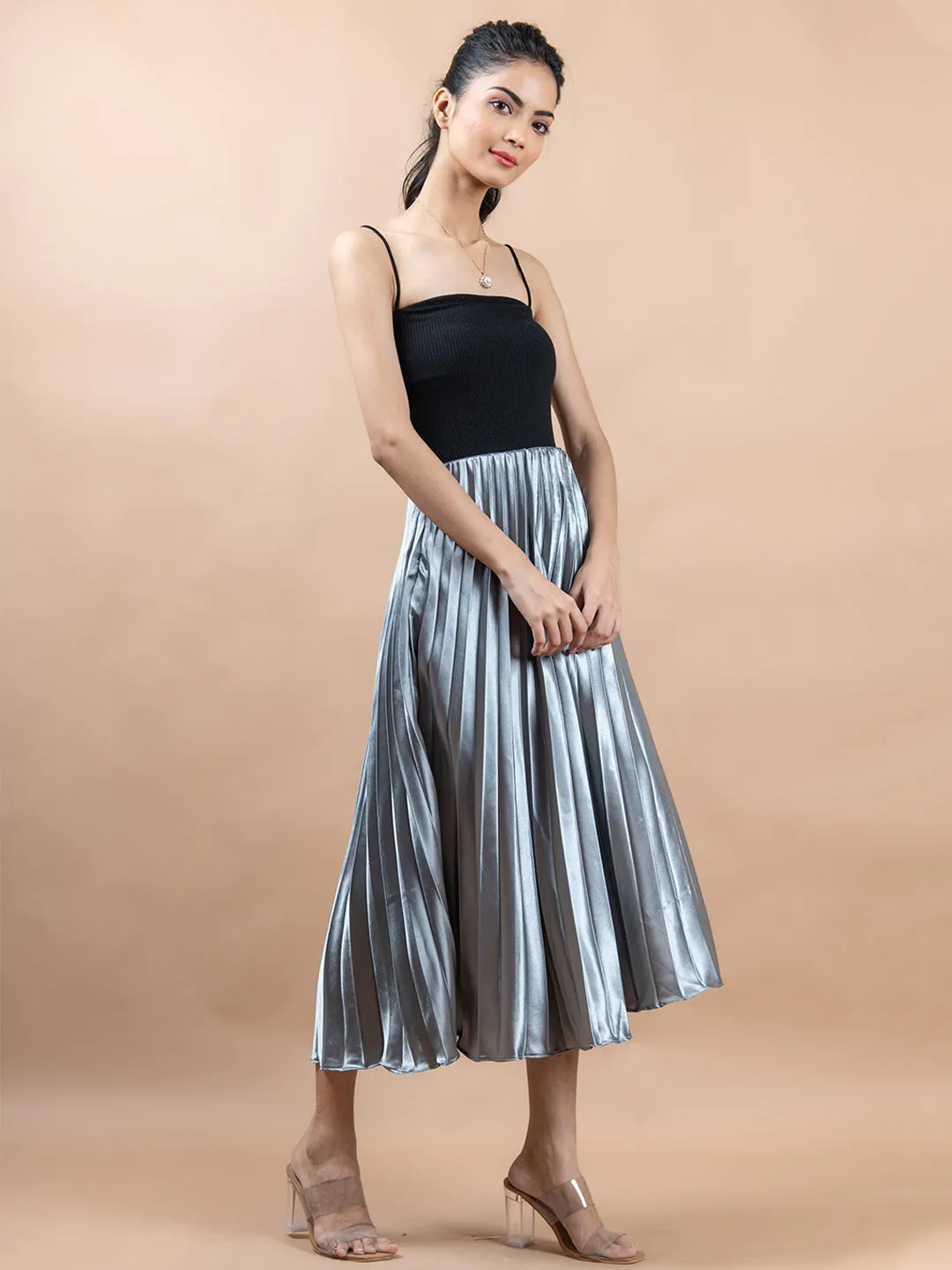 Grey Flared Skirt with Accordion Pleats For Women