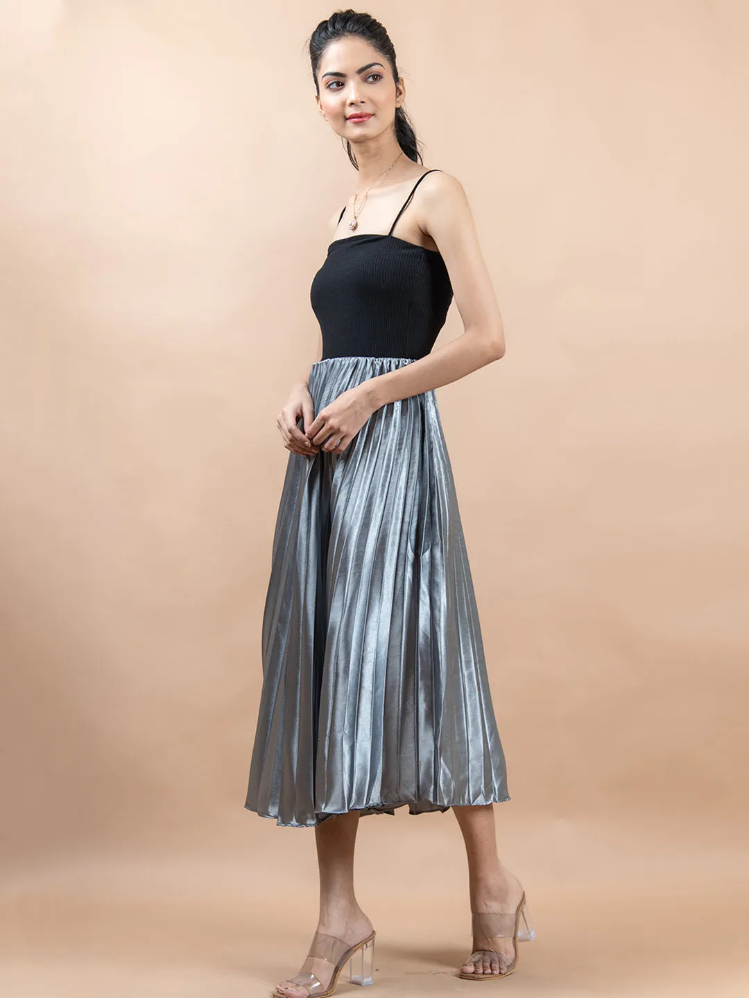 Grey Flared Skirt with Accordion Pleats For Women