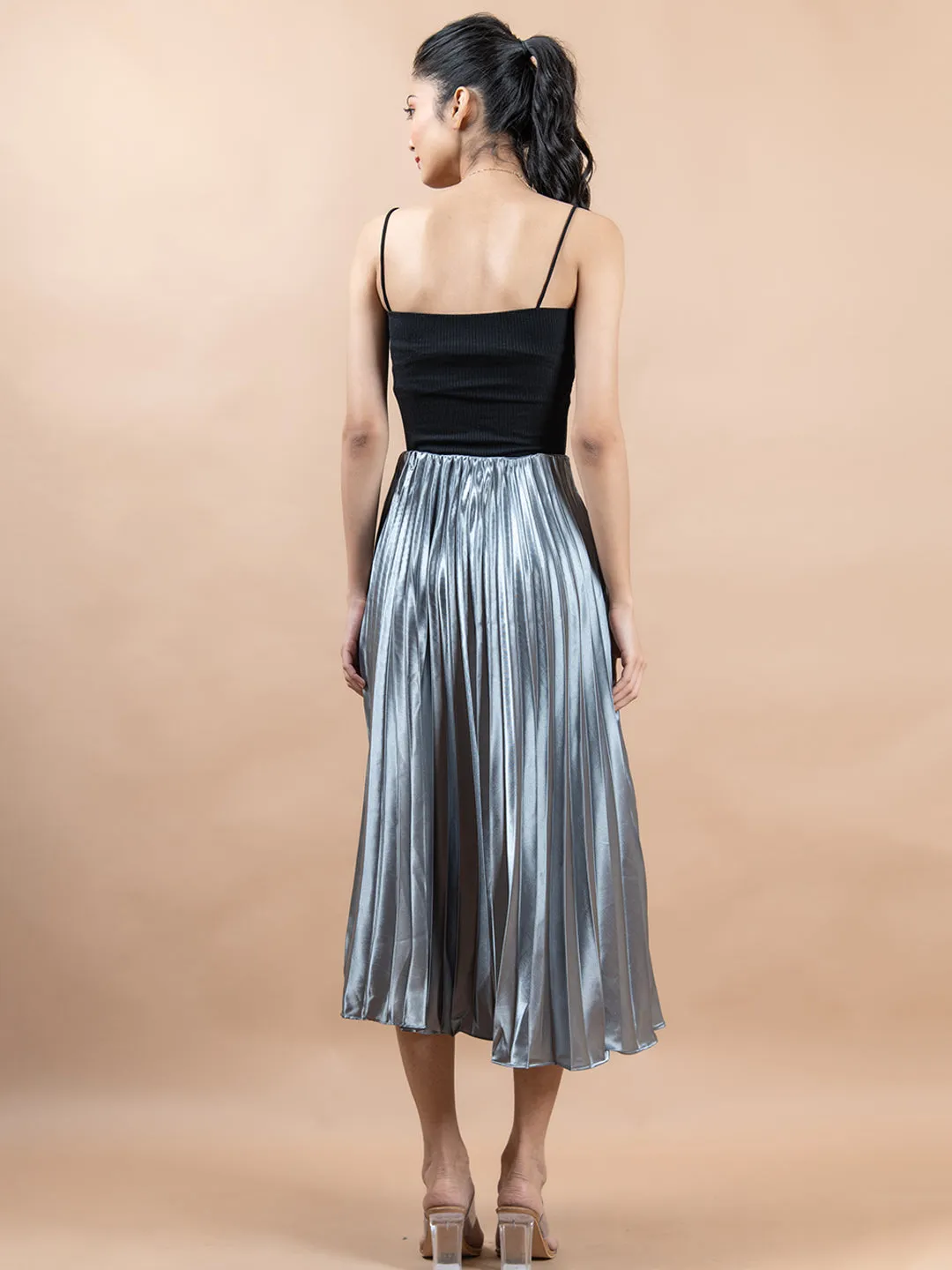 Grey Flared Skirt with Accordion Pleats For Women