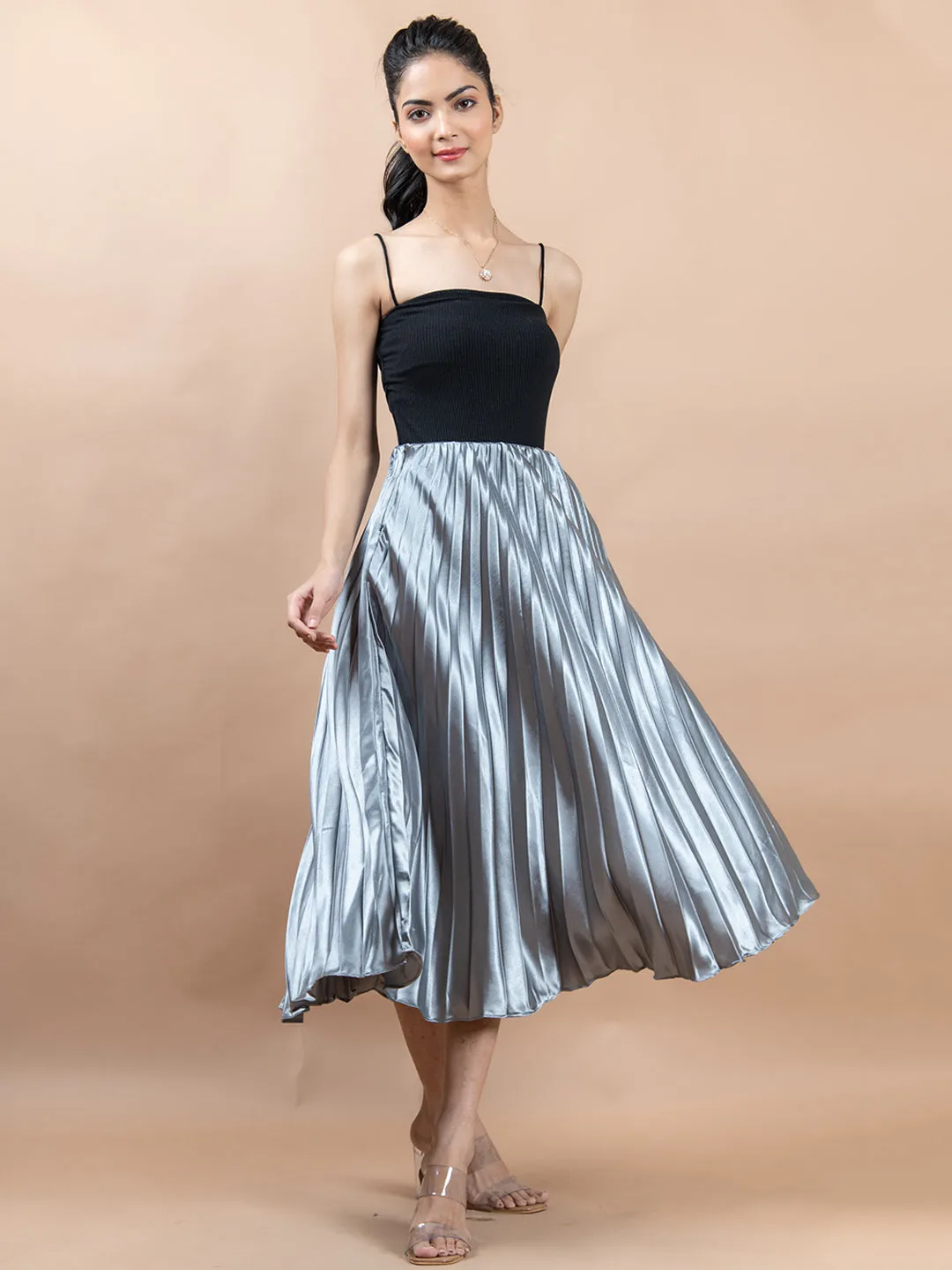 Grey Flared Skirt with Accordion Pleats For Women